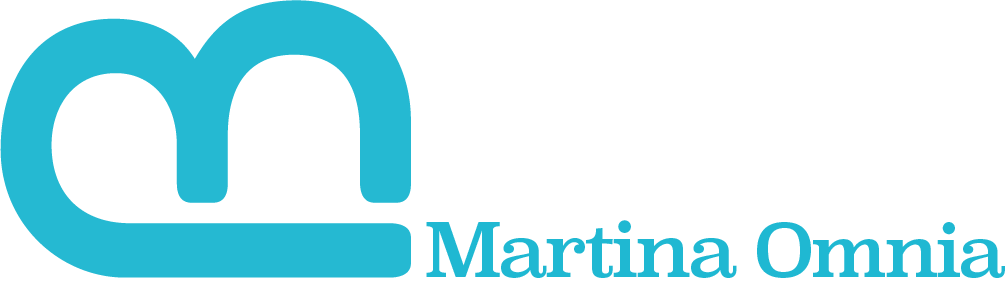 Logo with a stylized 'M' icon and text 'Martina Omnia' in teal color.