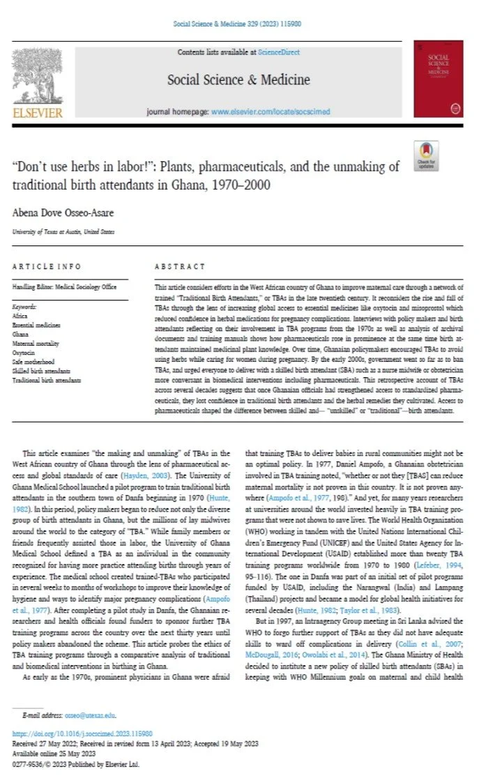 Cover page of Osseo-Asare's article on TBAs, midwives and plants in Ghana