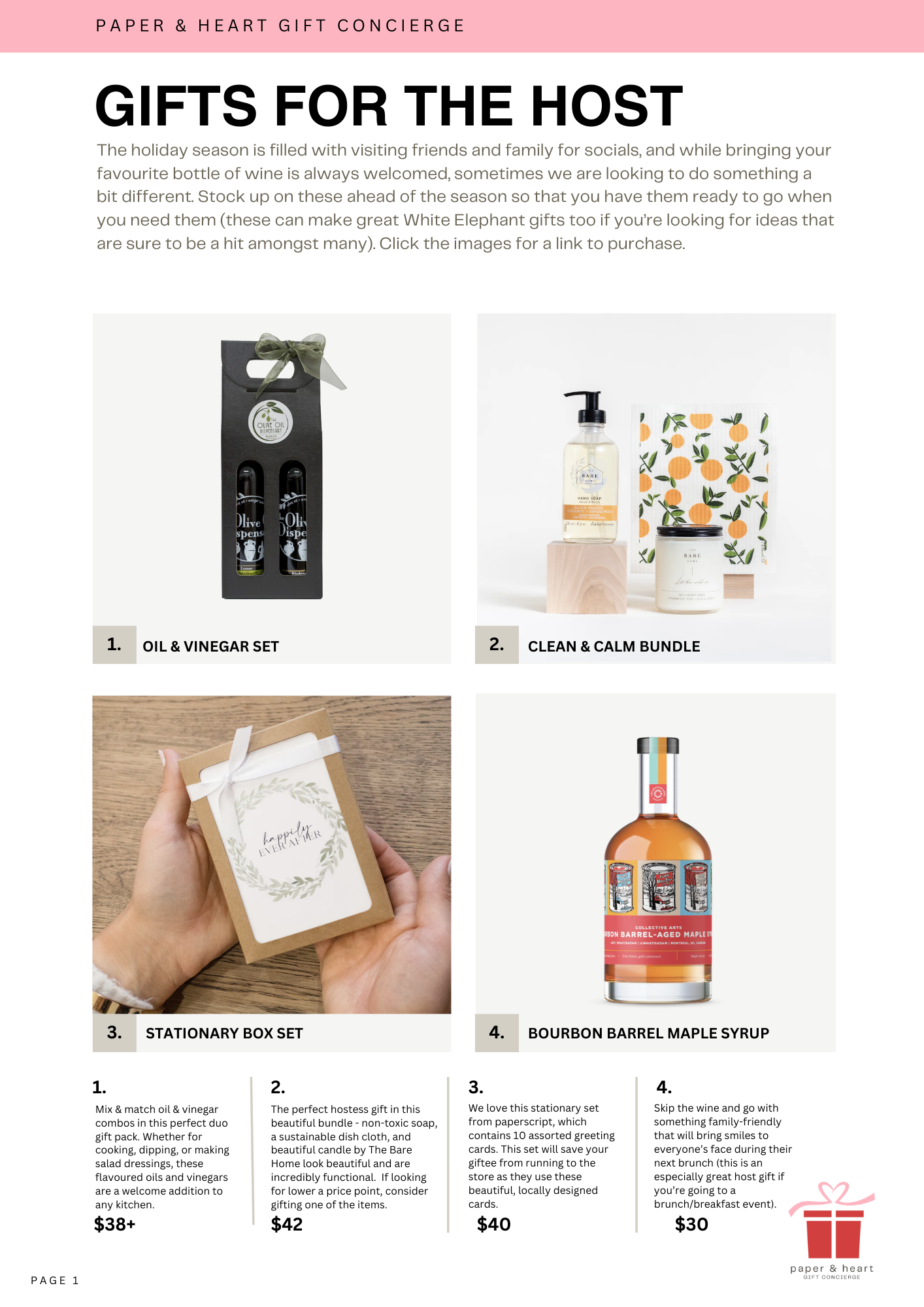 Screenshot of a holiday gift guide webpage from Paper & Heart Gift Concierge, featuring four gift options: 1. An olive oil and vinegar set, 2. A clean and calm bundle with soap and candles, 3. A stationery box set, and 4. Bourbon barrel maple syrup. Each item has a brief description and price.