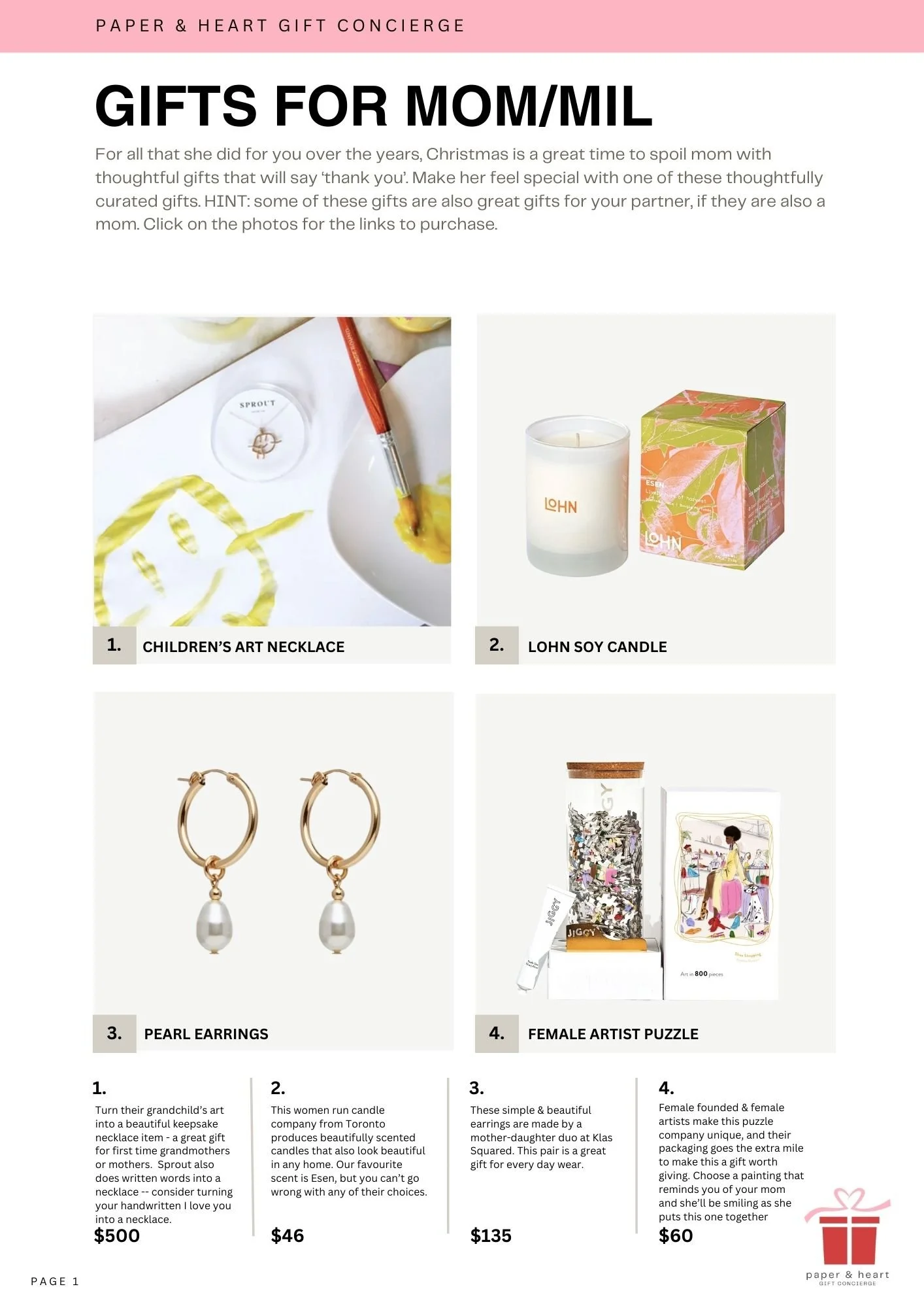 A gift guide page featuring four gift ideas for moms or mothers-in-law. The items include a children's art necklace, a LOHN soy candle, pearl earrings, and a female artist puzzle, with prices listed below each item.