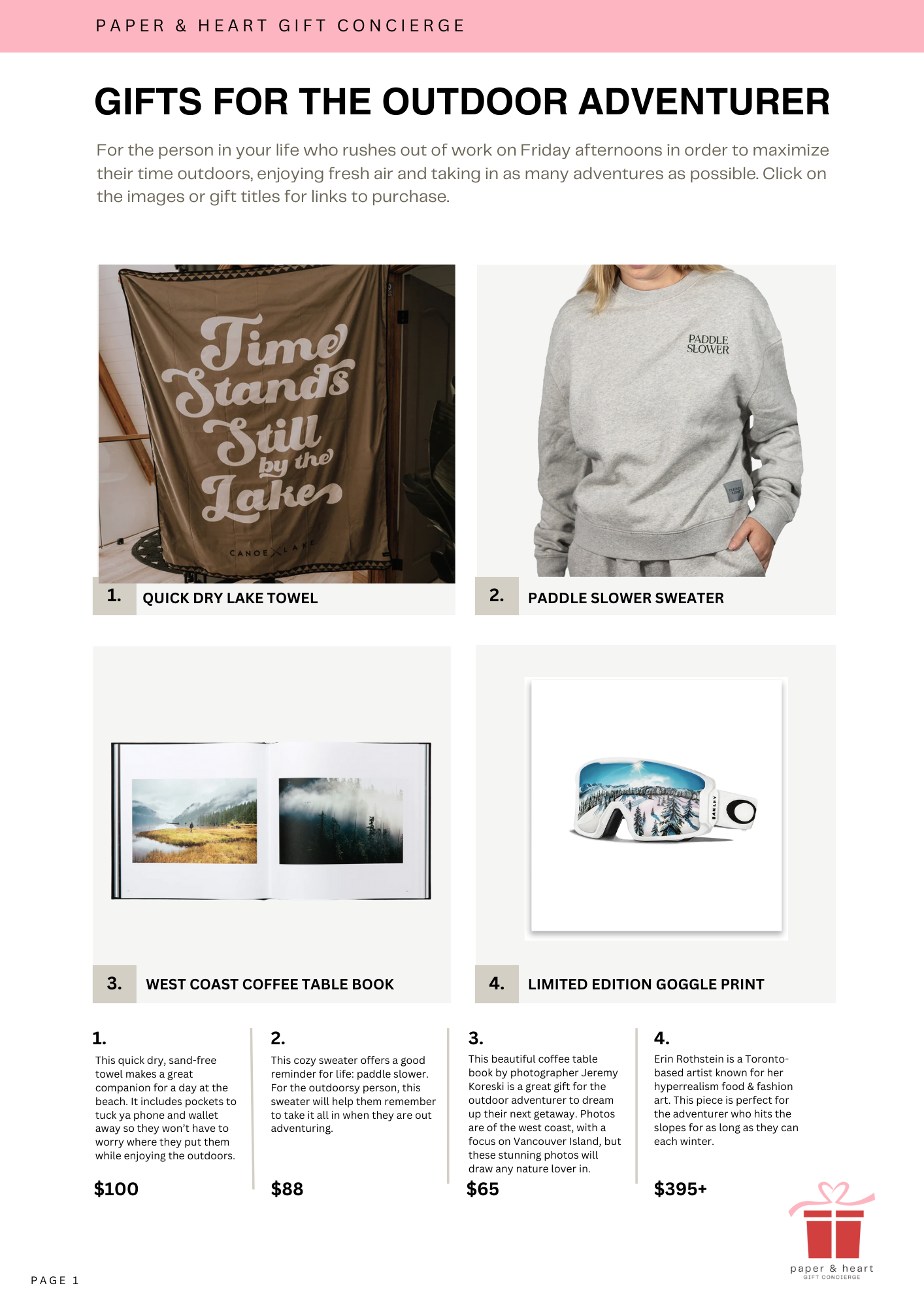 A webpage displaying gift options for outdoor adventurers, including a quick dry lake towel, paddle slower sweatshirt, West Coast coffee table book, and limited edition goggle print, with descriptions and prices for each item.