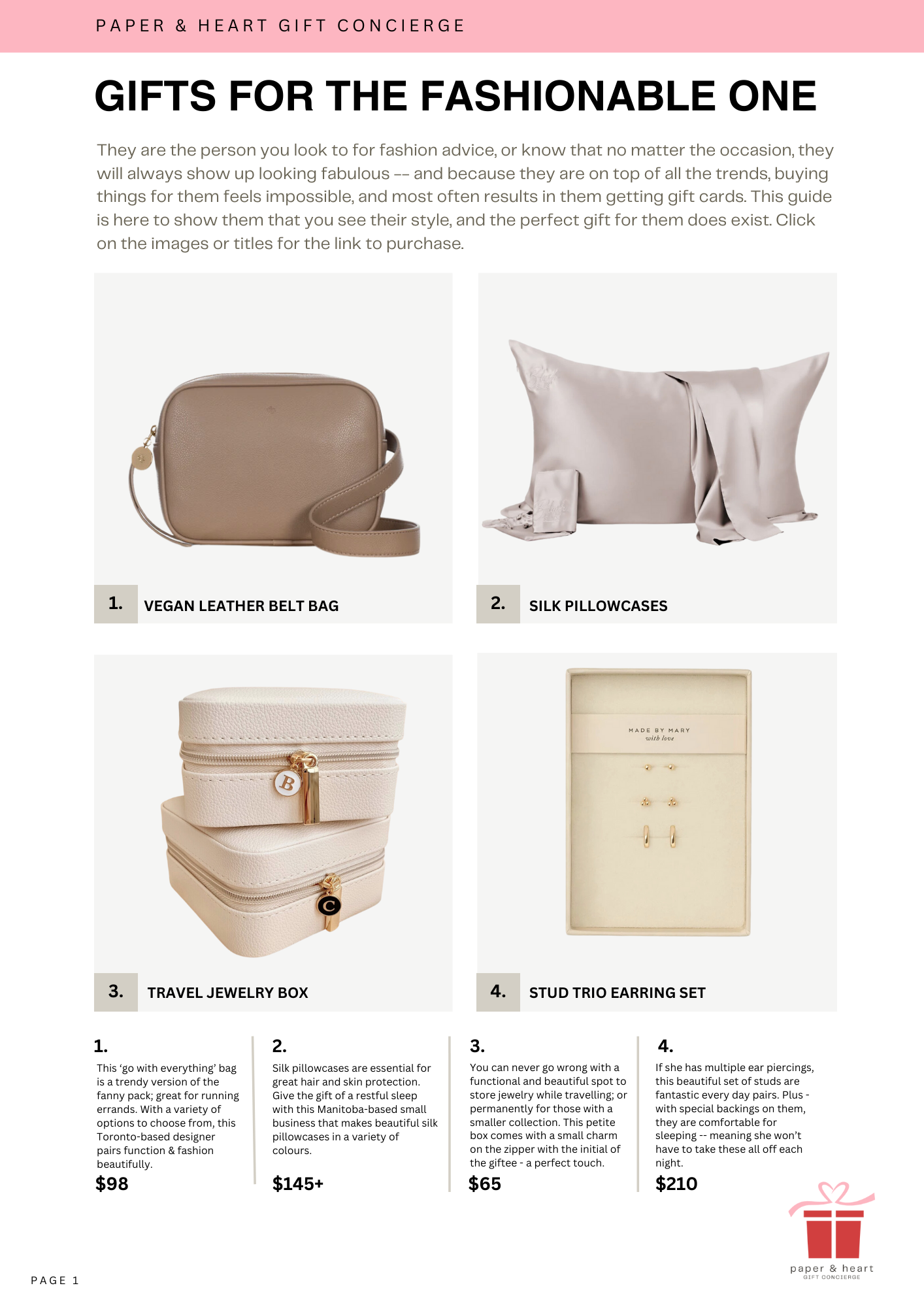 A webpage titled 'Gifts for the Fashionable One' with images and descriptions of four gift items: 1) Vegan leather belt bag, 2) Silk pillowcases, 3) Travel jewelry box, 4) Stud trio earring set. Each item has a price listed beneath it.