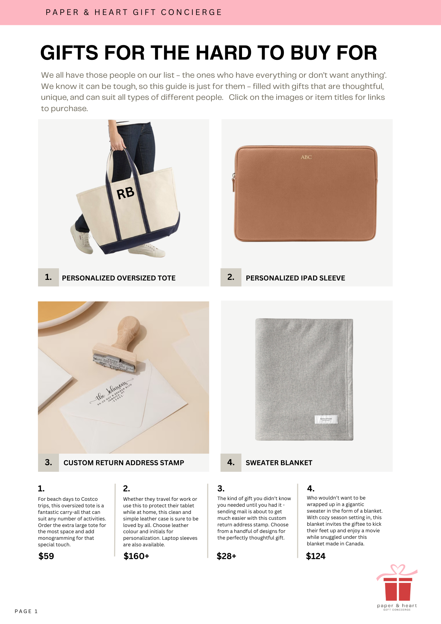 A webpage titled "Gifts for the Hard to Buy For" by Paper & Heart Gift Concierge, featuring four gift ideas with images, descriptions, and prices. The items are a personalized oversized tote, a personalized iPad sleeve, a custom return address stamp, and a sweater blanket, with a pink banner at the top and a pink gift icon at the bottom right.