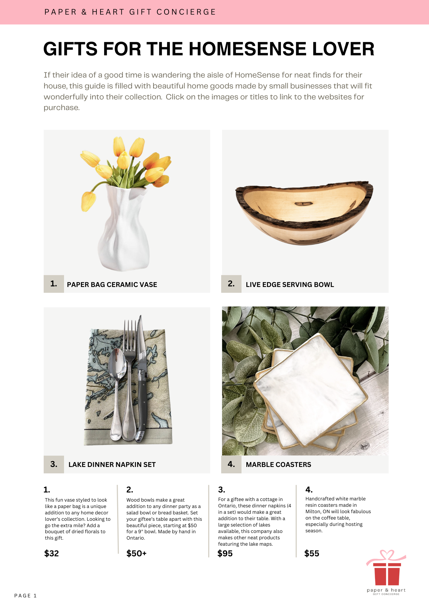 A webpage from Paper & Heart Gift Concierge featuring gift ideas for the HomeSense lover, including a paper bag ceramic vase, a live edge serving bowl, a lake dinner napkin set, and marble coasters, with descriptions and prices.