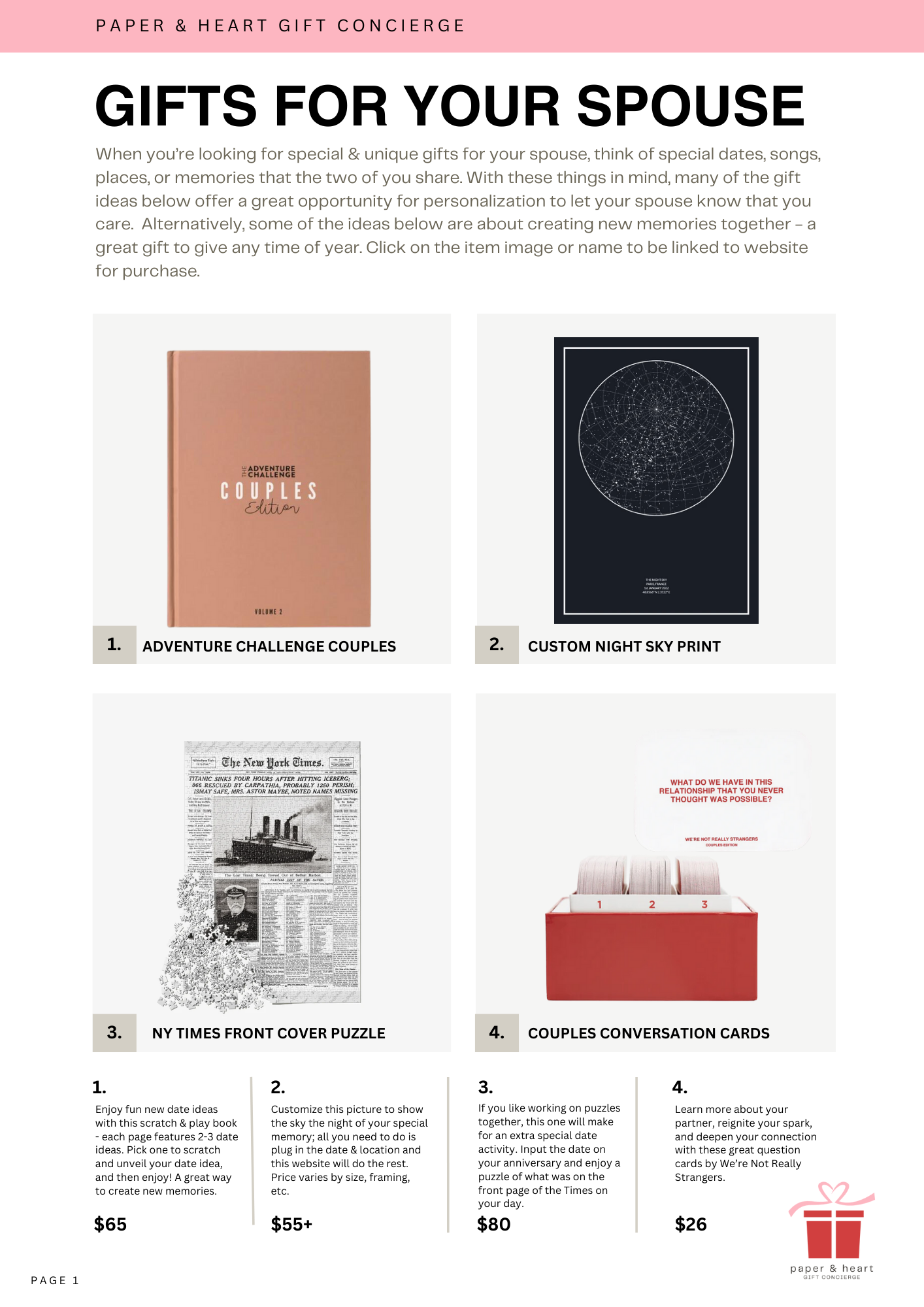 A webpage titled "Gifts for Your Spouse" featuring four gift options: 1) a book titled "Adventure Challenge Couples Edition" priced at $65, 2) a night sky print designed to show the sky at a special time, priced at $55 plus, 3) a puzzle of a New York Times front page about the Titanic sinking priced at $80, and 4) a set of conversation cards titled "Couples Conversation Cards" priced at $26. The page has a pink header with the text "Paper & Heart Gift Concierge" and a pink gift icon at the bottom right.