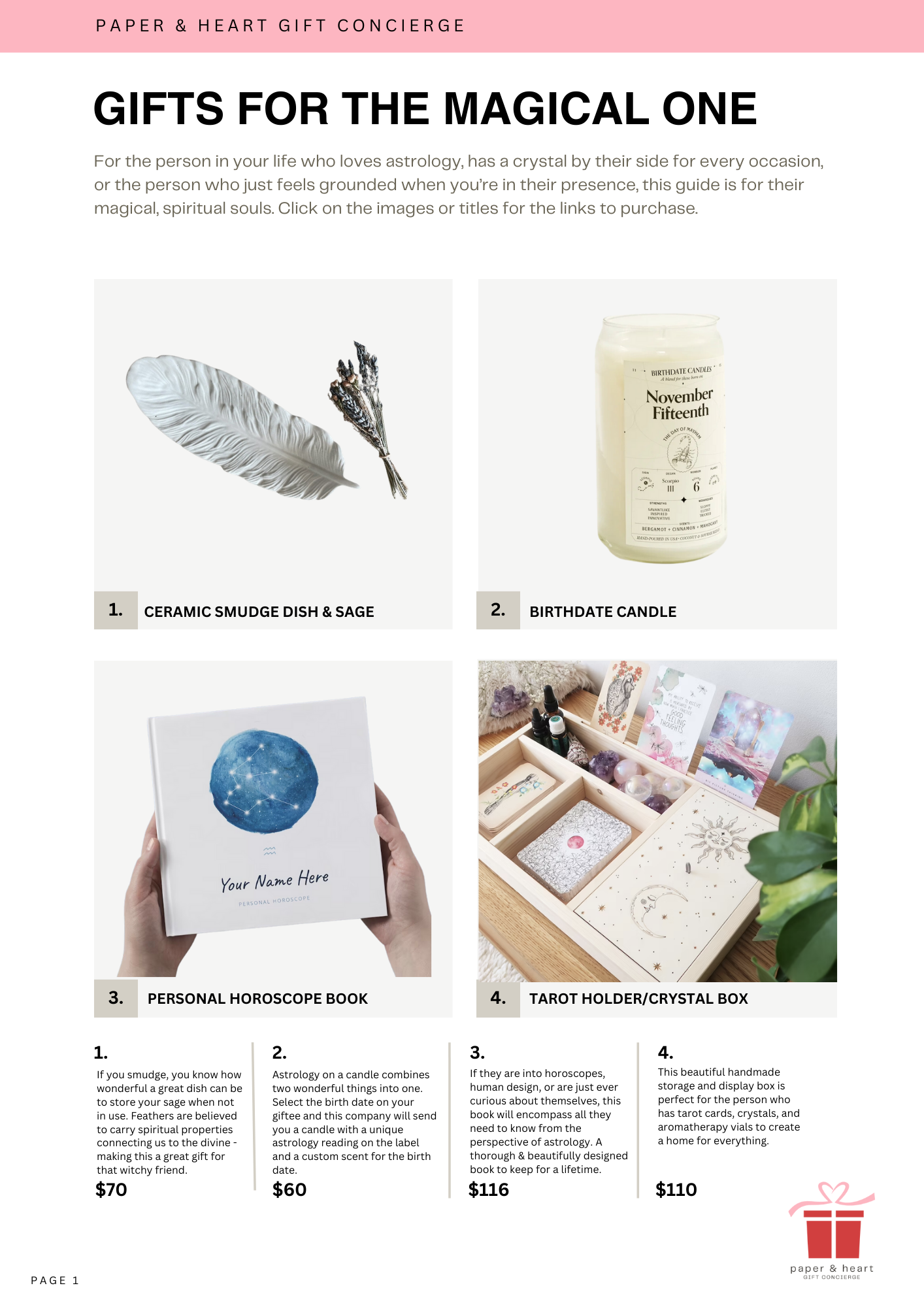 A webpage showcasing gift options for astrology enthusiasts, featuring images of a ceramic smudge dish and sage, a birthdate candle, a personal horoscope book, and a tarot holder/crystal box. The page has a pink header with black bold title and various smaller descriptive texts with prices.