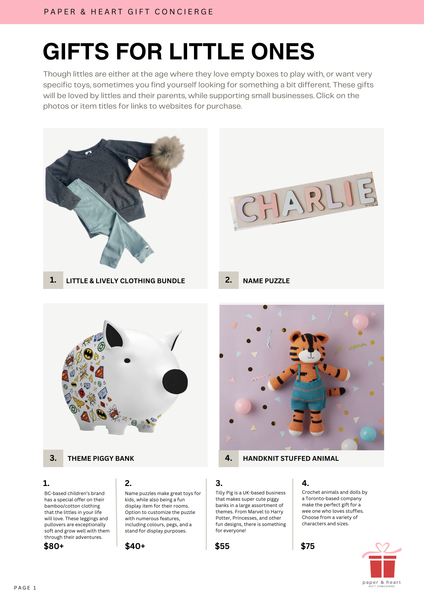 A webpage titled "Gifts for Little Ones" featuring four product images: 1) a bundle of children's clothing including a sweater, pants, and a hat with pom-poms, 2) a name puzzle spelling "CHARLIE," 3) a piggy bank with a superhero comic book pattern, 4) a stuffed animal toy resembling a tiger wearing striped overalls. Each product has a description and price.
