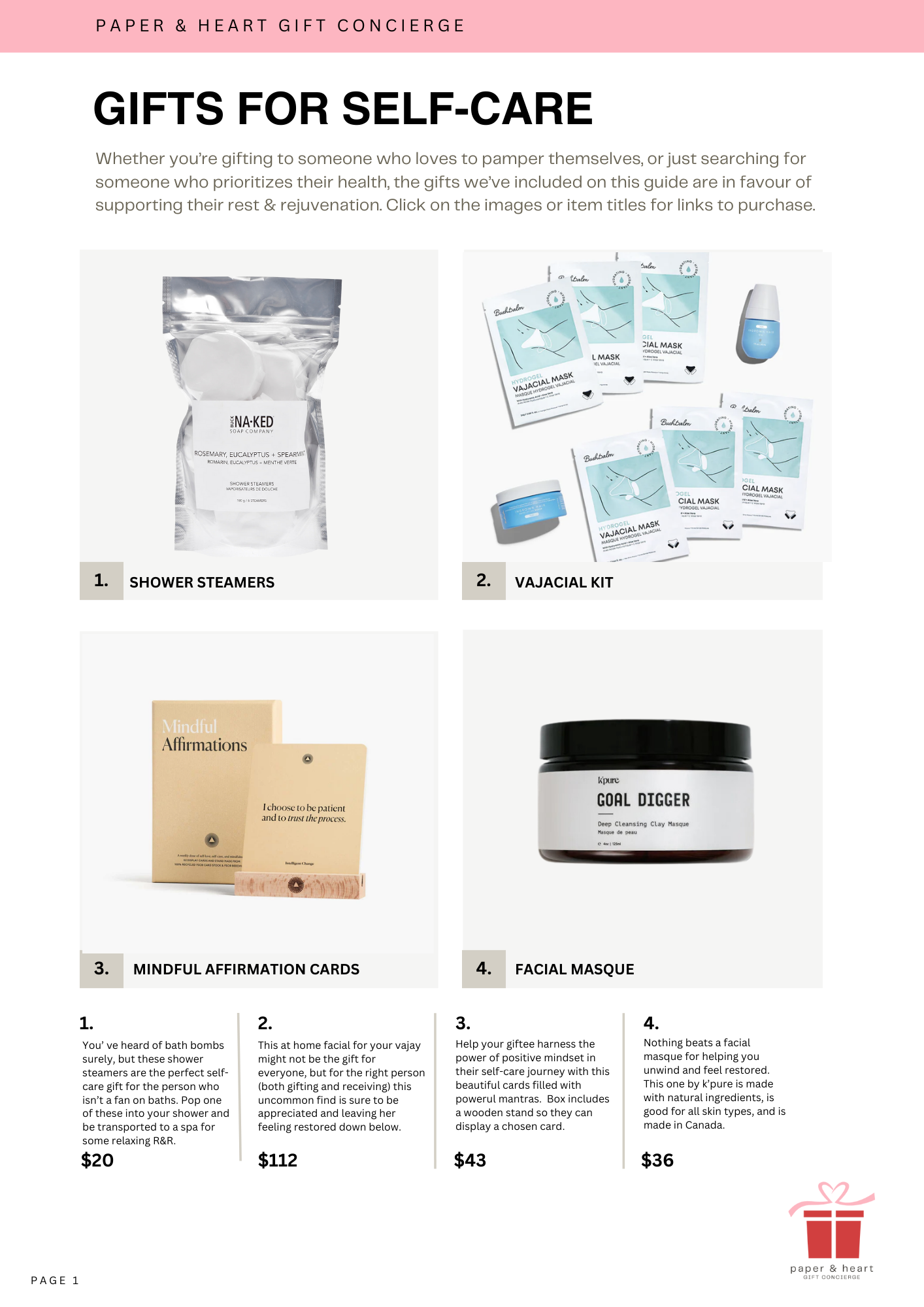 A promotional webpage showcasing four self-care gift options: shower steamers, vajacial kit, mindfulness affirmation cards, and a facial masque, each with a brief description and price, with a pink header and a small gift box icon at the bottom right.