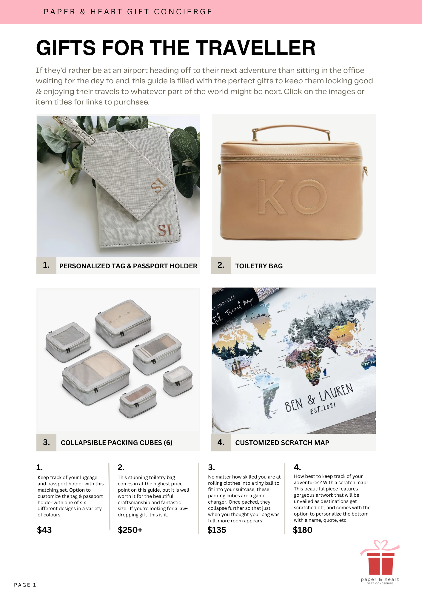 A travel gift guide page titled 'Gifts for the Traveller' with four images of travel accessories. The first image shows personalized tags and a passport holder. The second is a beige toiletry bag with 'KO' embossed on it. The third shows six collapsible packing cubes of various sizes. The fourth is a customized scratch map of the world with the names 'Ben & Lauren' and 'Est. 2021' on it, featuring a colorful map of the world.