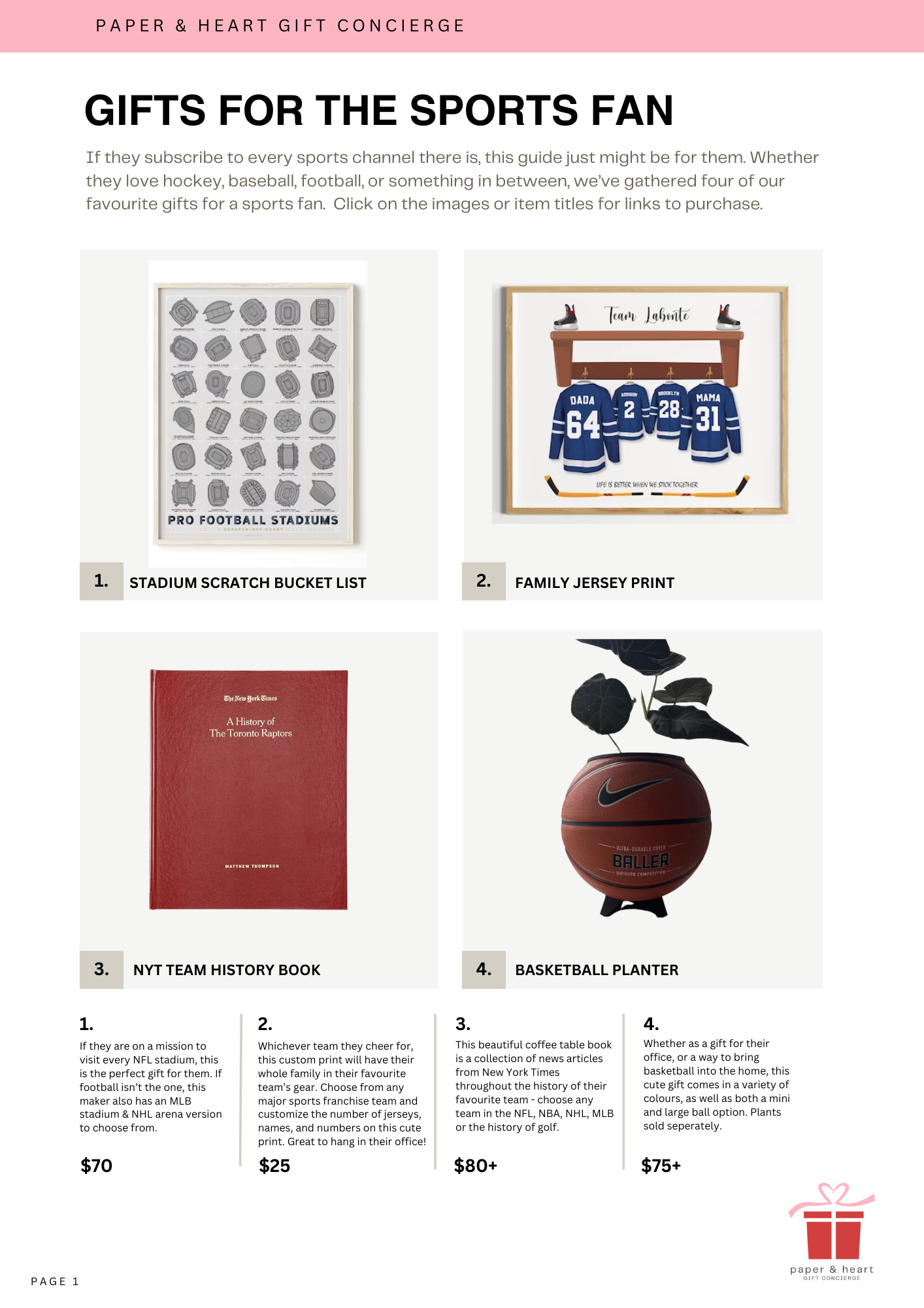 A webpage titled 'Gifts for the Sports Fan' from Paper & Heart Gift Concierge showing four gift items: a pro football stadium scratch bucket list, a family jersey print, a New York Times history book about the Toronto Raptors, and a basketball planter shaped like a basketball with a plant inside.
