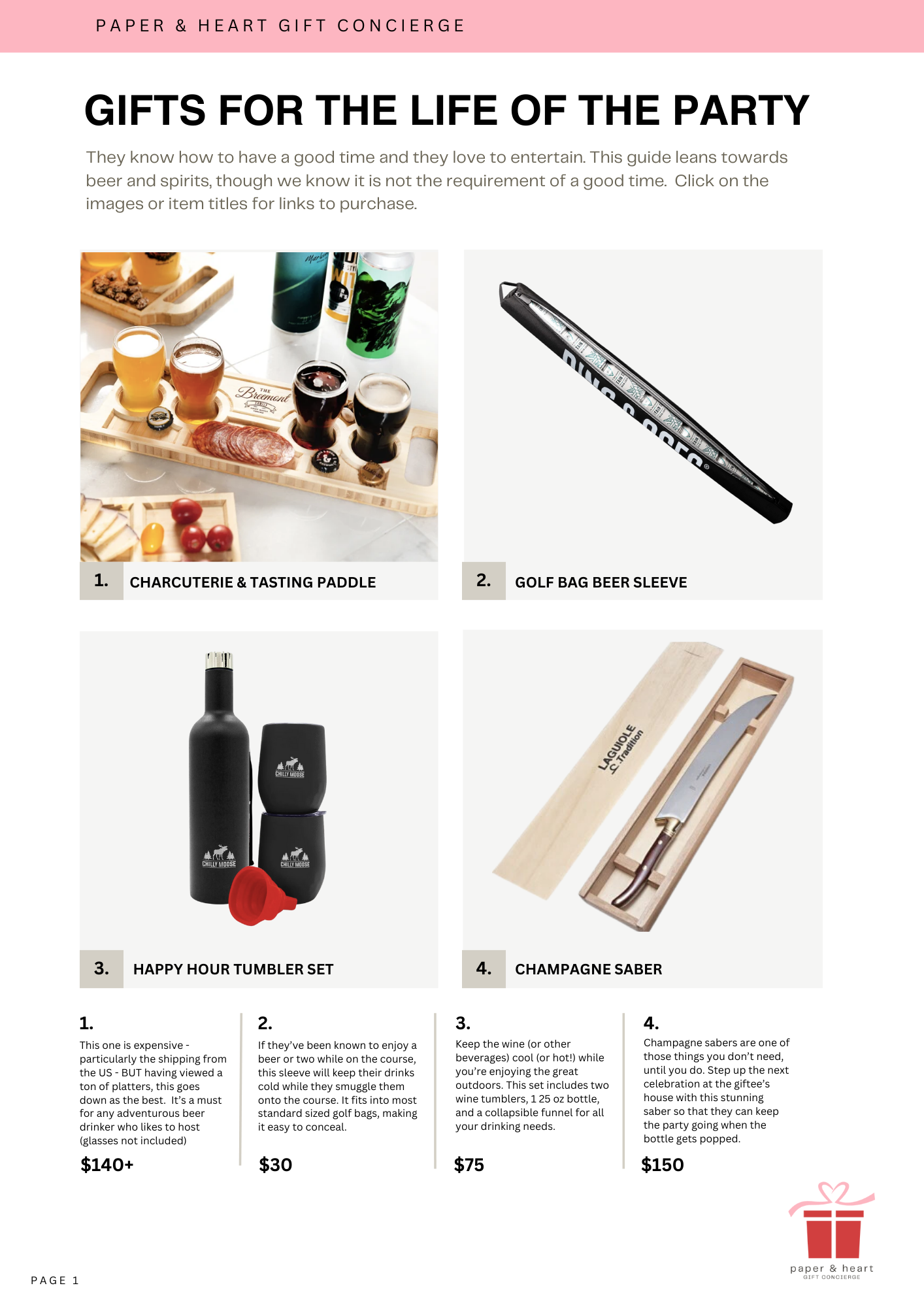 A webpage listing gift ideas for parties, including a charcuterie and tasting paddle, golf bag beer sleeve, Happy Hour tumbler set, and champagne saber, with descriptions and prices.