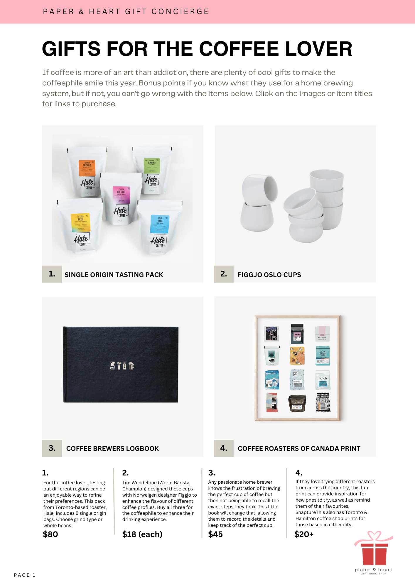 A webpage featuring gift items for coffee lovers, including single origin tasting packs, Figgjo Oslo cups, a coffee brewers logbook, and coffee roasters of Canada print. The page has a pink header with black bold text, a white background, and a pink gift box logo at the bottom right.