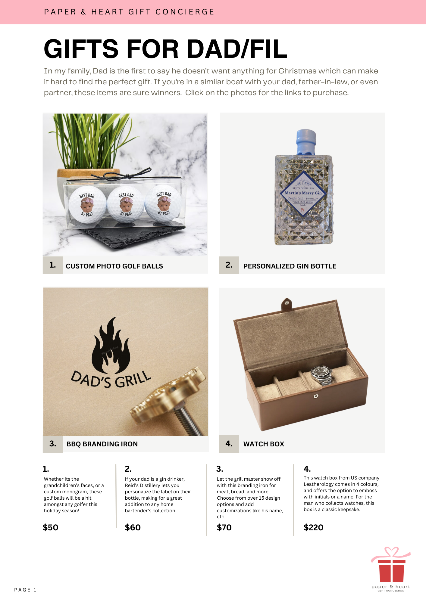 A promotional flyer from Paper & Heart Gift Concierge showcasing gift ideas for dads or fathers-in-law. The flyer features four gift options: 1) Custom photo golf balls with a picture of a baby and the text "Best Dad by Par!" priced at $50, 2) Personalized gin bottle with a blue label, priced at $60, 3) BBQ branding iron with a "Dad's Grill" logo, priced at $70, and 4) Watch box with a watch inside, priced at $220. The flyer has a pink header with black text and a small pink and red gift box logo at the bottom right corner.
