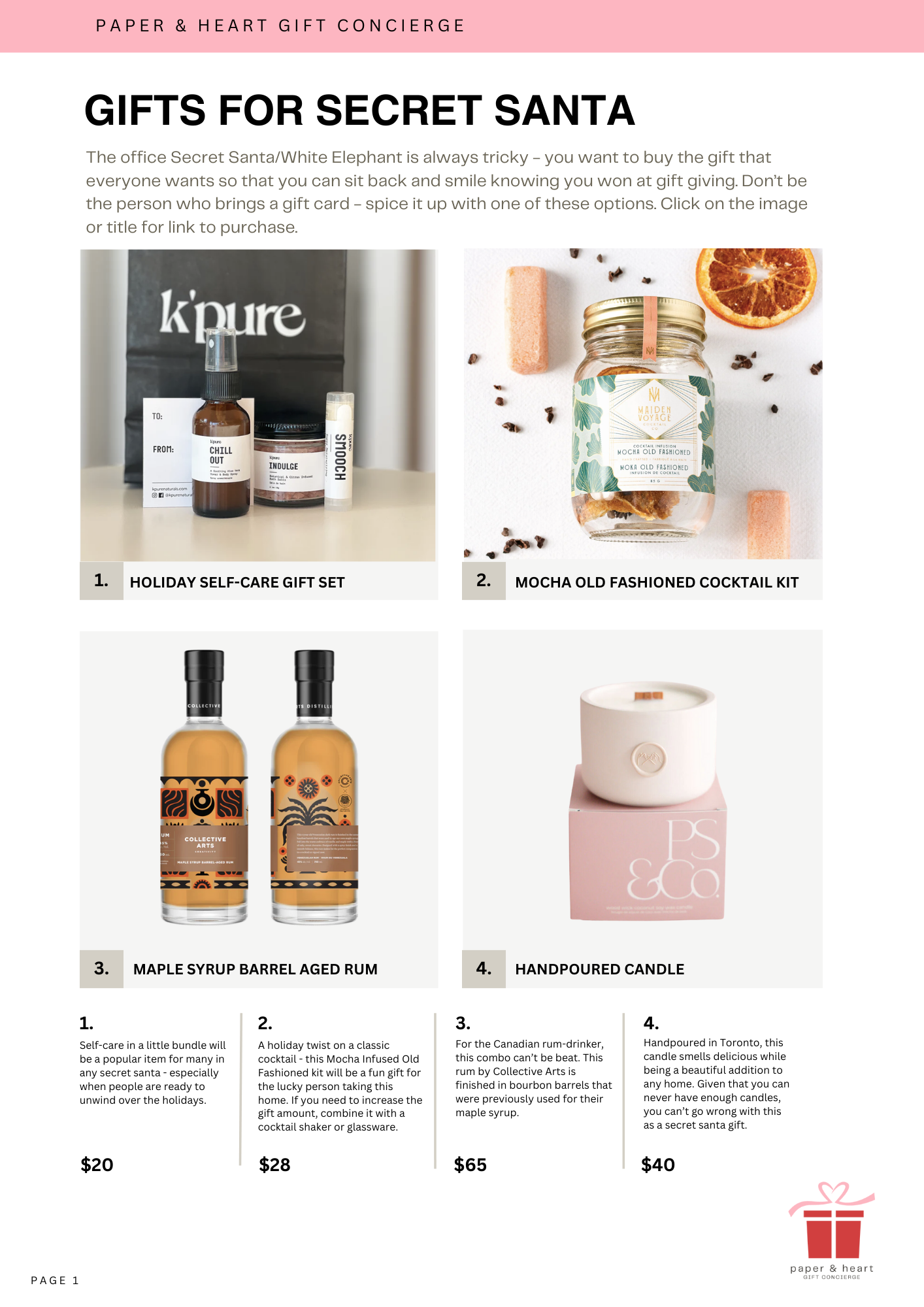 A webpage titled 'Gifts for Secret Santa' displaying four gift ideas with images and prices: 1. Holiday Self-Care Gift Set including a spray bottle, jar, and roll-on, priced at $20; 2. Mocha Old Fashioned Cocktail Kit with a jar and dried orange slice, priced at $28; 3. Maple Syrup Barrel-Aged Rum with two bottles, priced at $65; 4. Handpoured Candle in a pink box, priced at $40. The page has a pink header with the text 'Paper & Heart Gift Concierge' and a small gift icon at the bottom right corner.