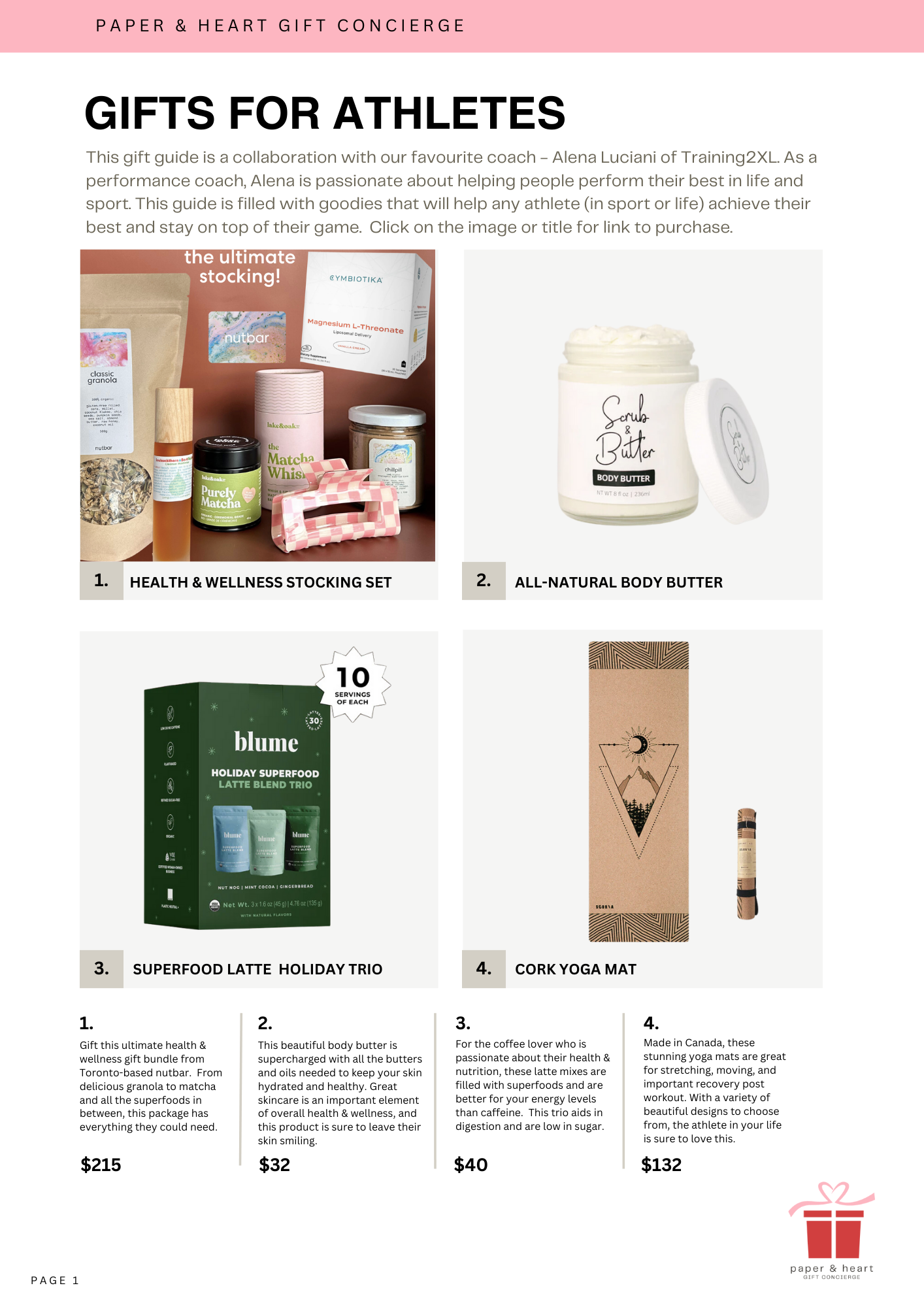 A webpage displaying a gift guide titled 'Gifts for Athletes' from Paper & Heart Gift Concierge, featuring four products: a health & wellness stocking set, all-natural body butter, superfood latte holiday trio, and a cork yoga mat. Each product is shown with a brief description and price.