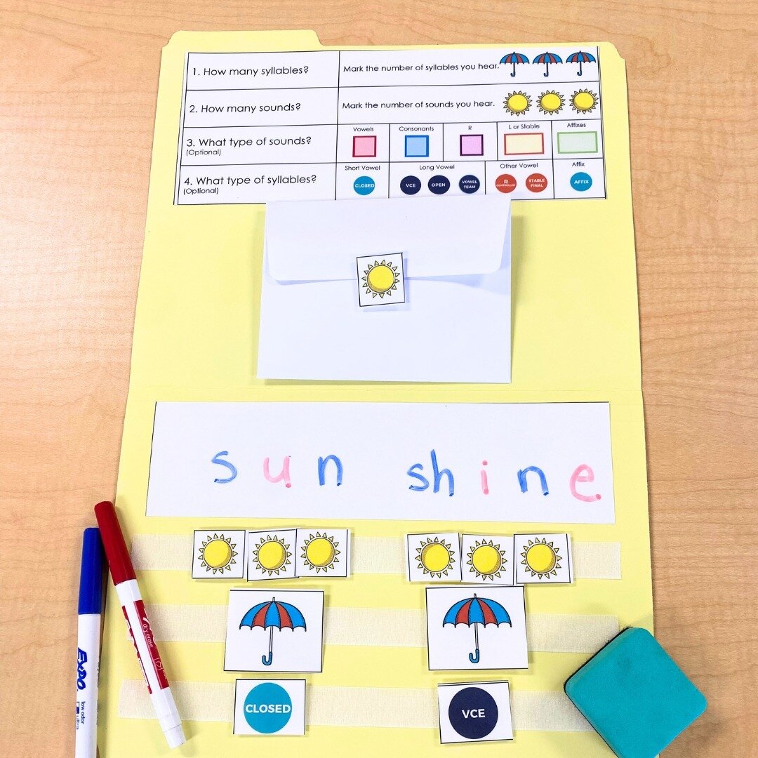 We've heard the expression, &quot;April showers bring May flowers&quot; but we were manifesting sunshine with this spelling activity! 🤣 ⁠
⁠
Students use the umbrellas to show how many syllables they hear in their words and the suns to represent how 