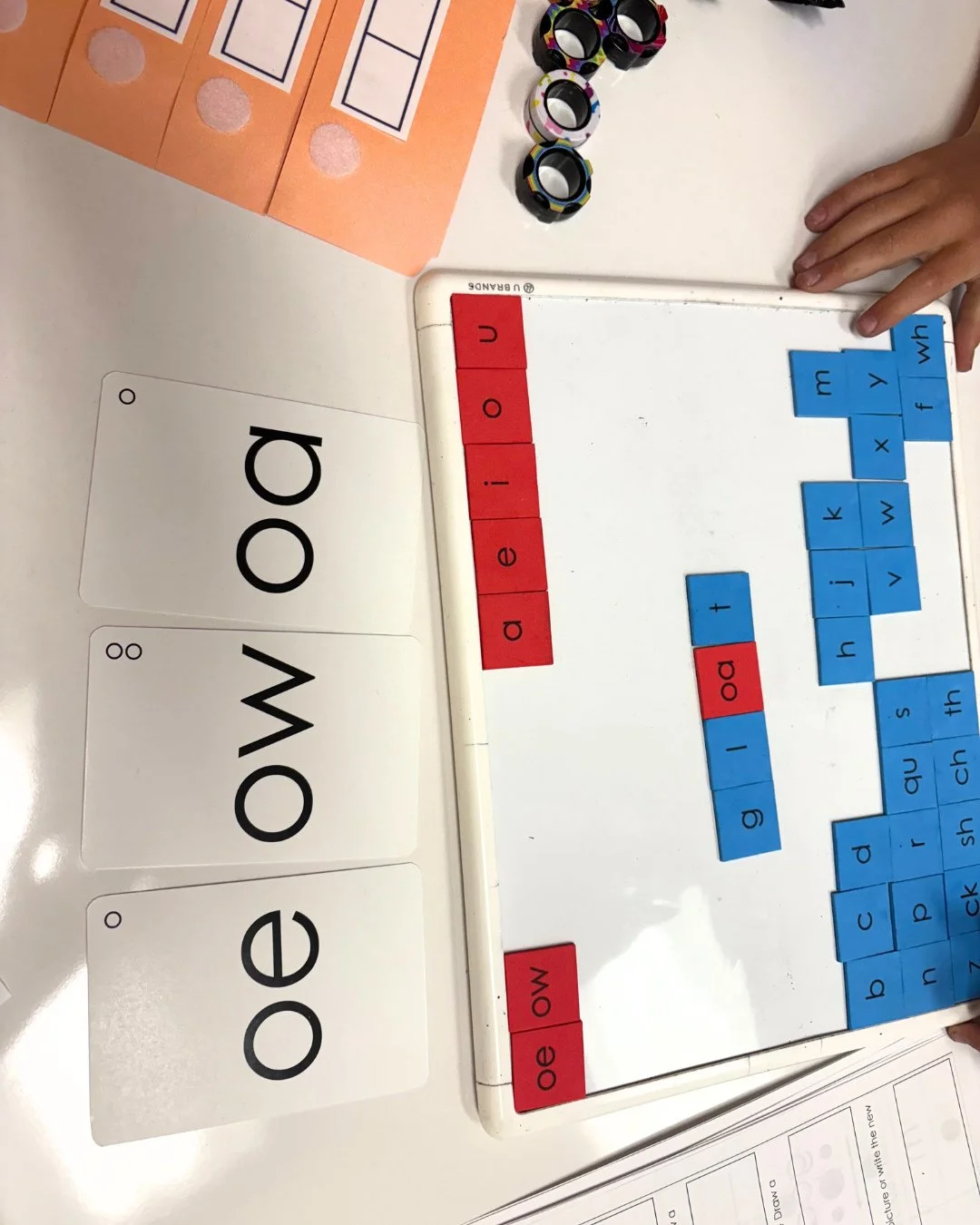 A few fun spelling ideas for your next intervention lesson:⁠
⁠
➡️ Color-coded magnets⁠
⁠
Have students start by listening carefully to the word. Count syllables, identify sounds, and think about the vowels. Then pair letters or patterns with those so