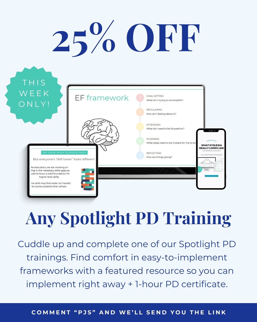 Tomorrow (12/31) is the last day to get 25% off any of our Spotlight PD trainings. ⁠
⁠
Whether you plan to cuddle up on the couch with your computer over break or save the training for the new year, these on-demand workshops will provide easy-to-impl