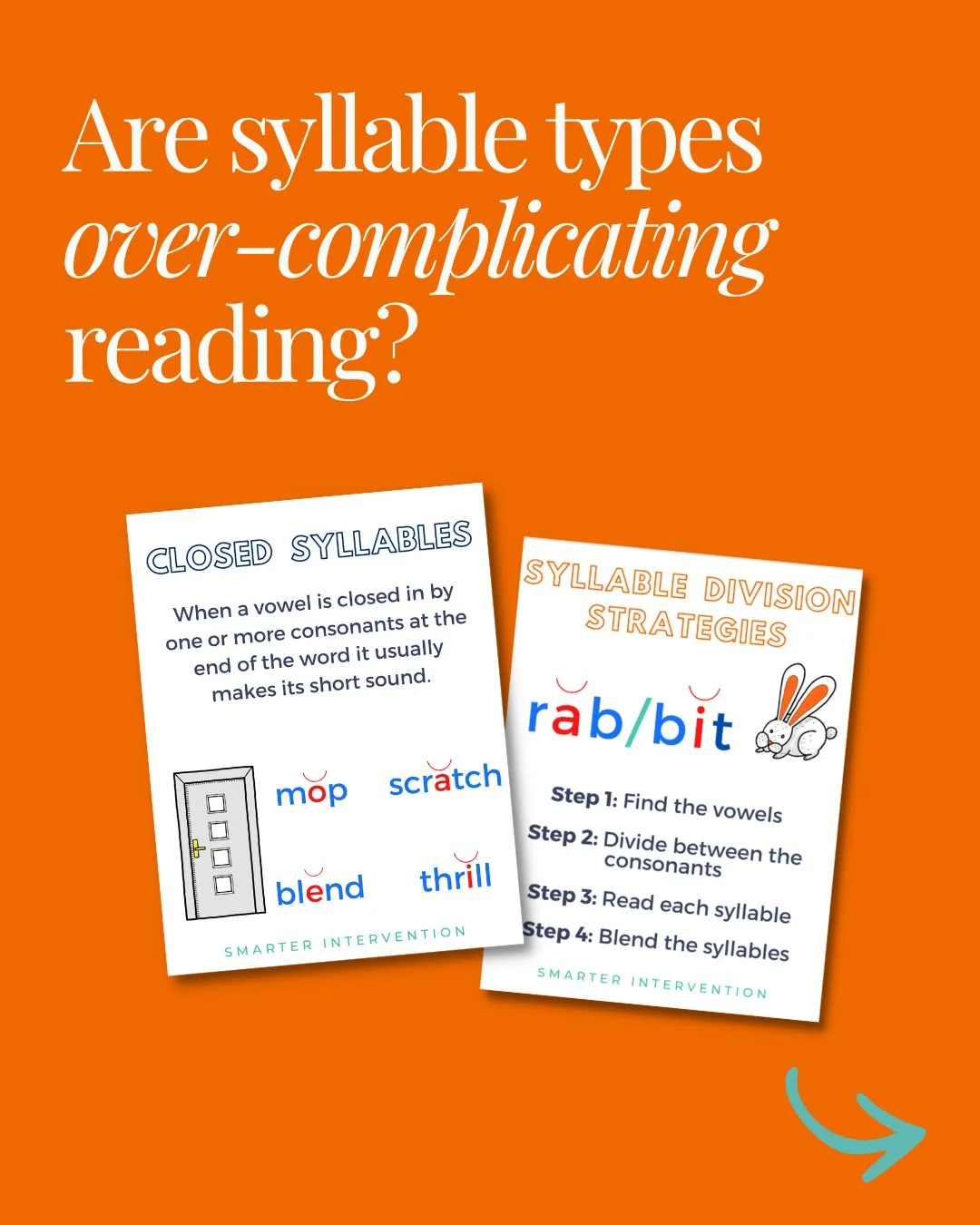 Okay, so a valid question here. 🧐⁠
⁠
And, I keep seeing this idea pop up that "you shouldn't teach syllable types and here's what to do instead..."⁠
⁠
The reasoning or argument here is that there's no evidence to support that this strategy
