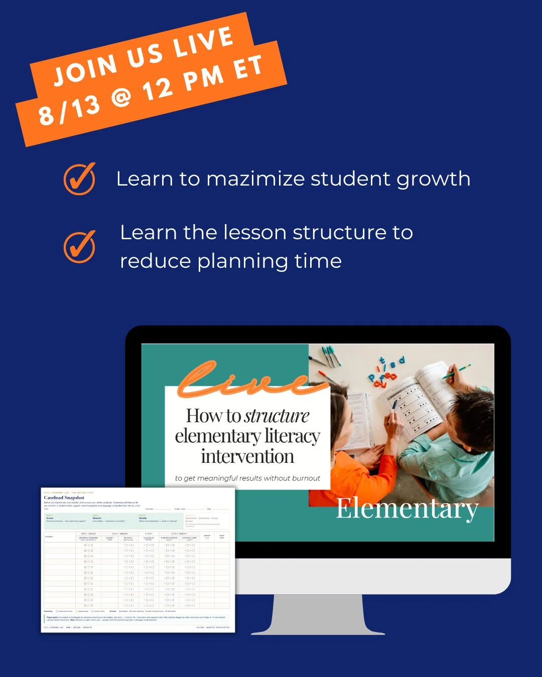 We are in full back-to-school mode over here, and next week, August 13th @ 9 AM Pacific | 12 PM Eastern, I'm hosting a free live training all about how to structure your elementary literacy intervention to maximize student growth and create a sustain