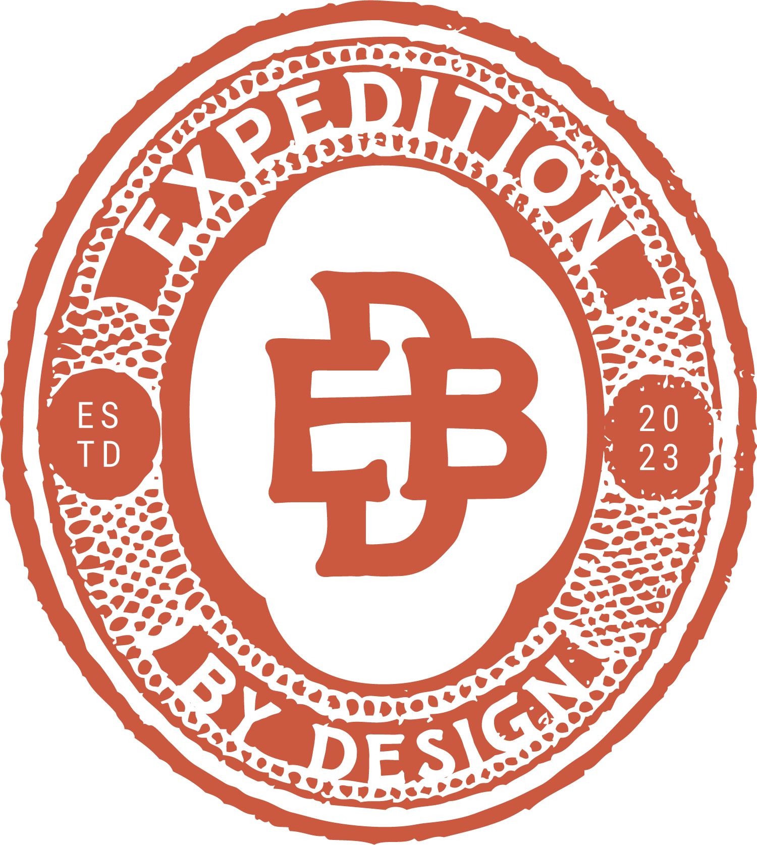 Branded/logo seal in a terracotta color