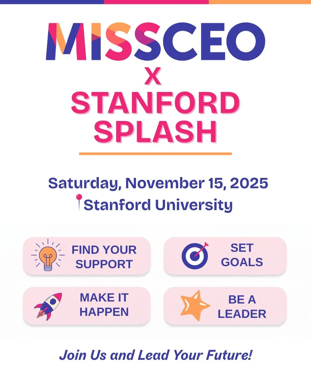 Miss CEO is excited to join Stanford Splash on Nov 15th!
Come learn how to build support, set meaningful goals, and lead with confidence.
Your leadership journey starts now. ✨
#missceo #bealeader #stanford #careerbuilding #stanfordsplash