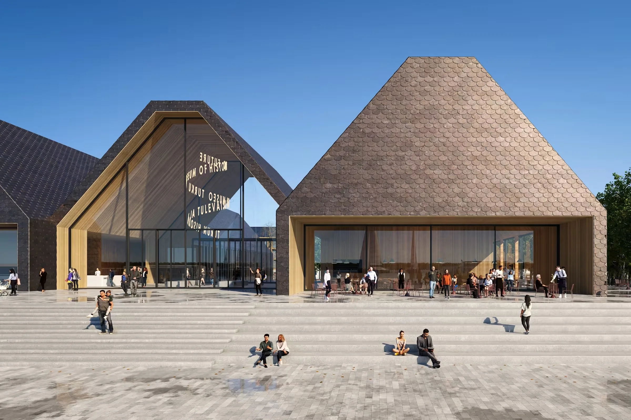 The new museum of history and future, Historian ja tulevaisuuden museo, Turku, Sigge Architects. A modern building with glass facades and angular roof structures, with people sitting on the steps and walking around outside on a sunny day.