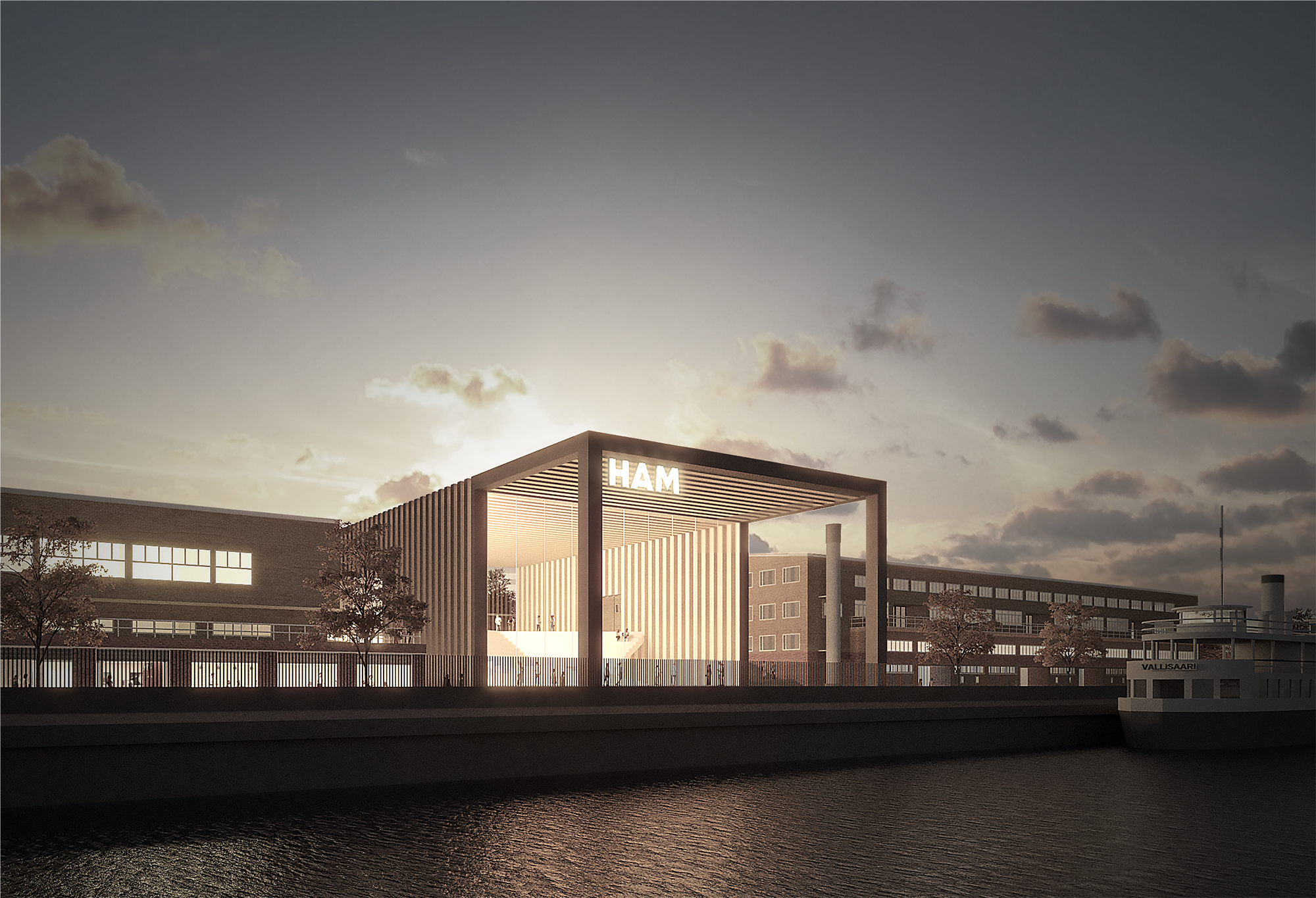 HAM Helsinki Art Museum, new location Olympiaterminaali, Olympic terminal. Architectural rendering of a modern building with a large open entrance and the word 'HAM' lit up at night, beside a body of water with a boat named 'Vallisaar' docked nearby.