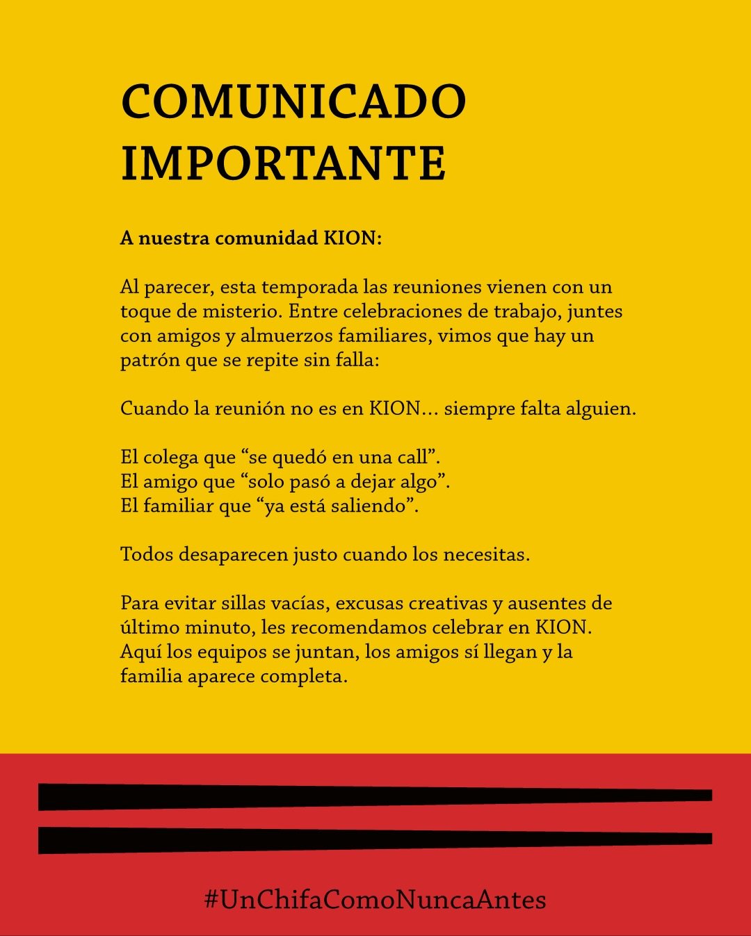 &iexcl;Atenci&oacute;n, comunidad! 🚨
Eviten las excusas y aseguren las reuniones navide&ntilde;as y de fin de a&ntilde;o: reserven su mesa en #KION 
&iexcl;Todos aman un buen chifita!

Reservas: 977 608 156

#KIONperuvianchinese