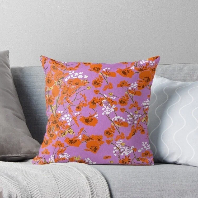 Hand drawn seamless orange orchids on pink