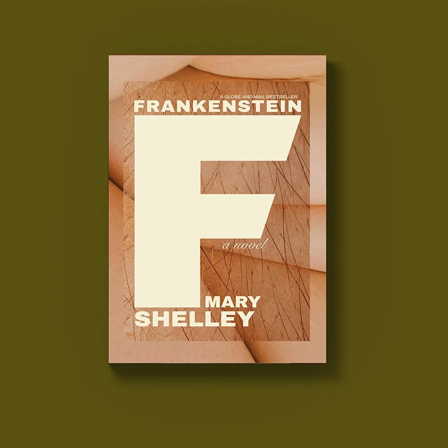 Book cover, Frankenstein, text over pale flesh with hair.