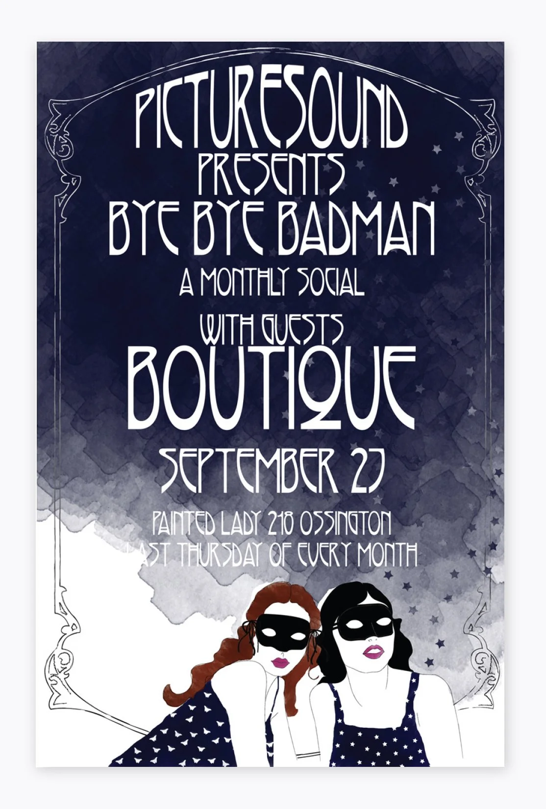 Gig poster with hand illustrated image of girls in masks