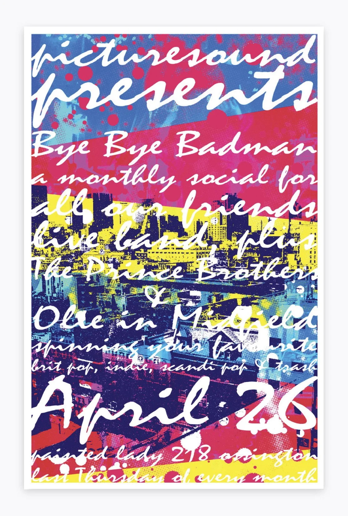 Colourful gig poster with screenprinted cityscape