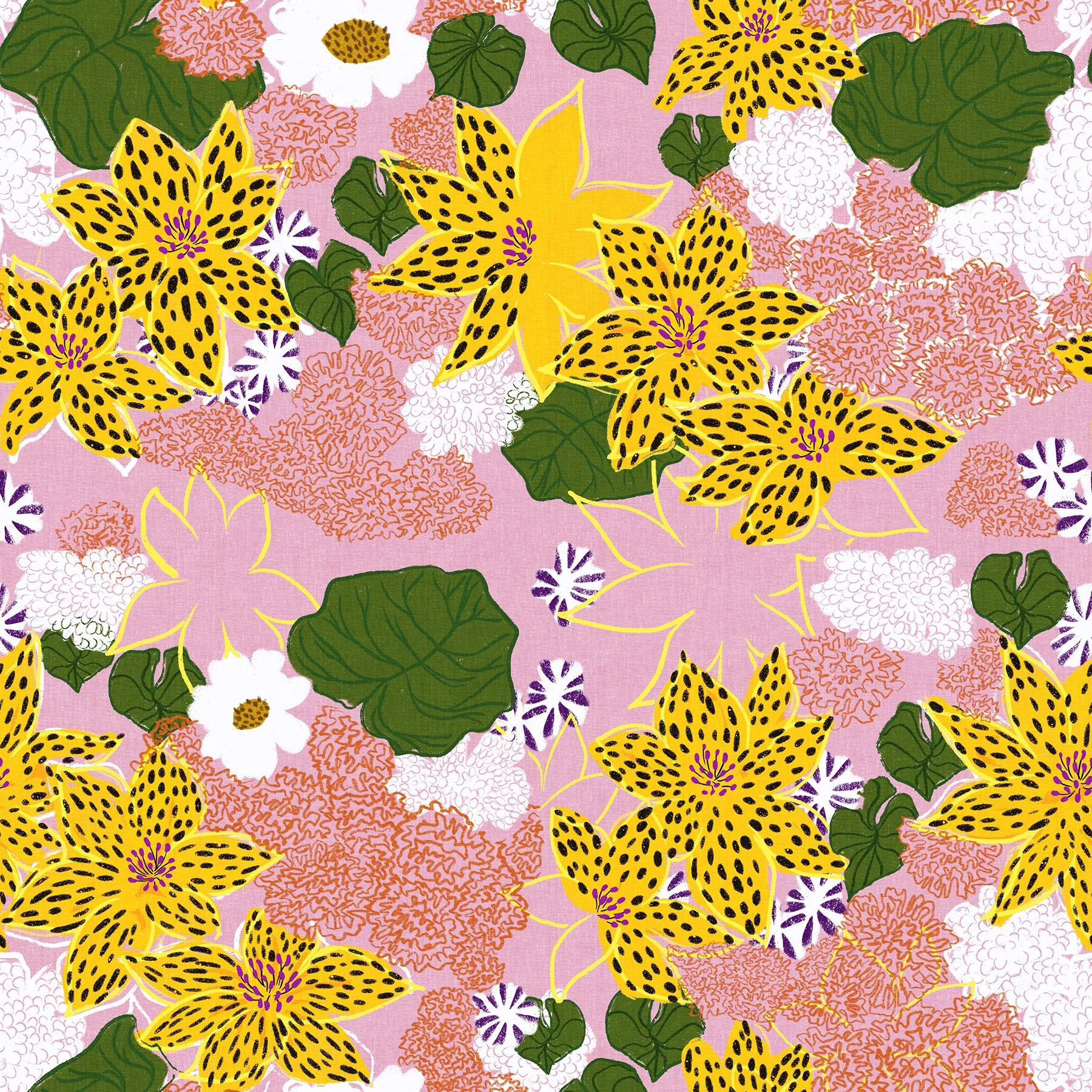 A bright hand drawn image of tropical flowers