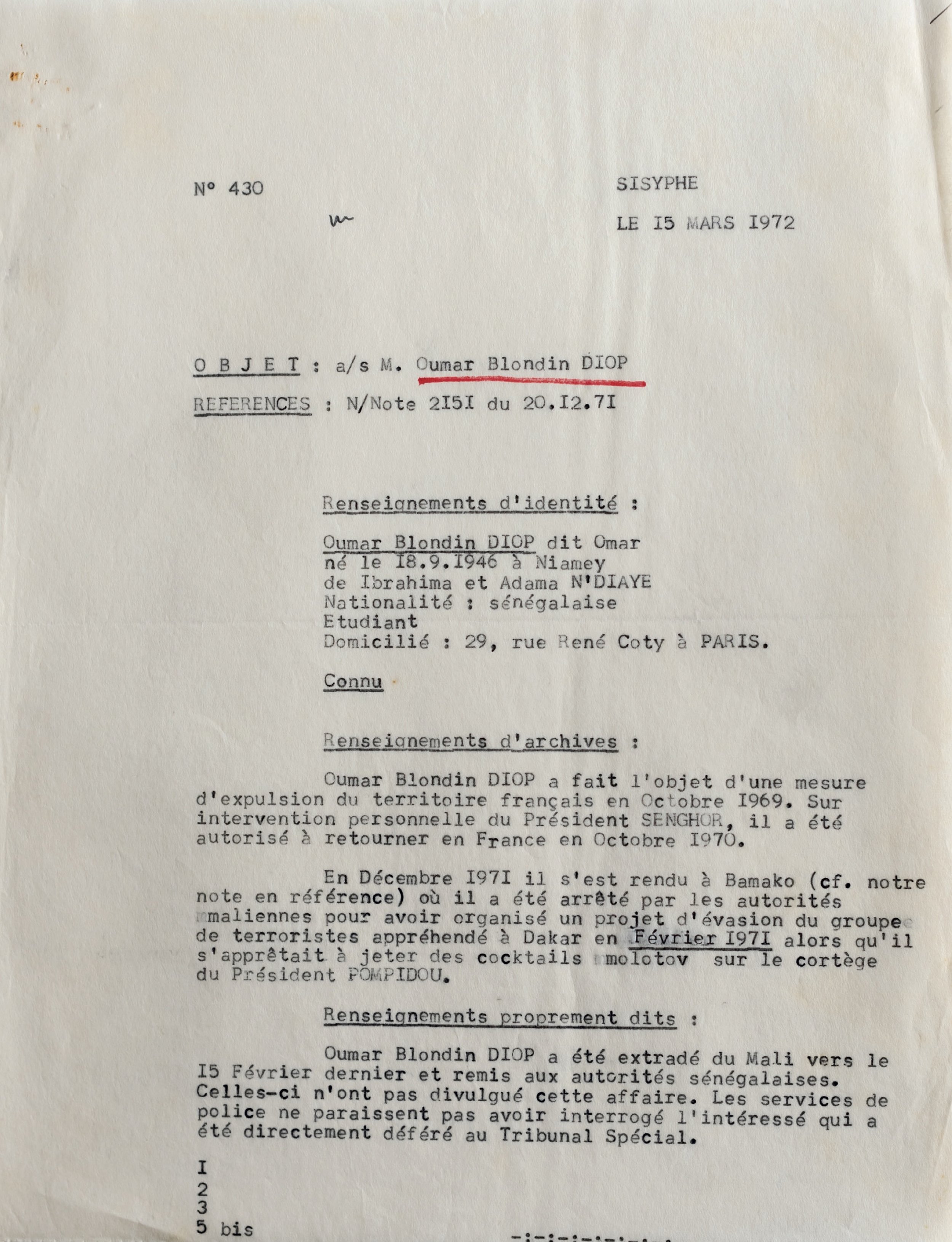 Ambassade de France au Sénégal (15 mars 1972), « Renseignement sur Omar Blondin DIOP »