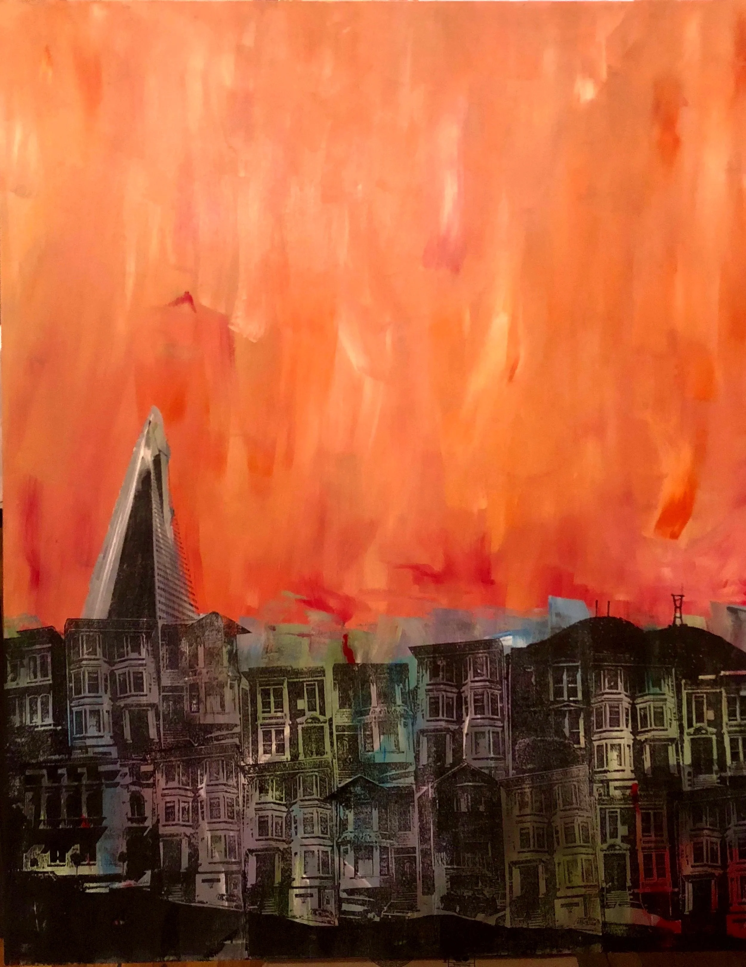 $975.00 - San Francisco Sunset, 32 x 40 inches, Acrylic and Silkscreen on Panel, unframed.