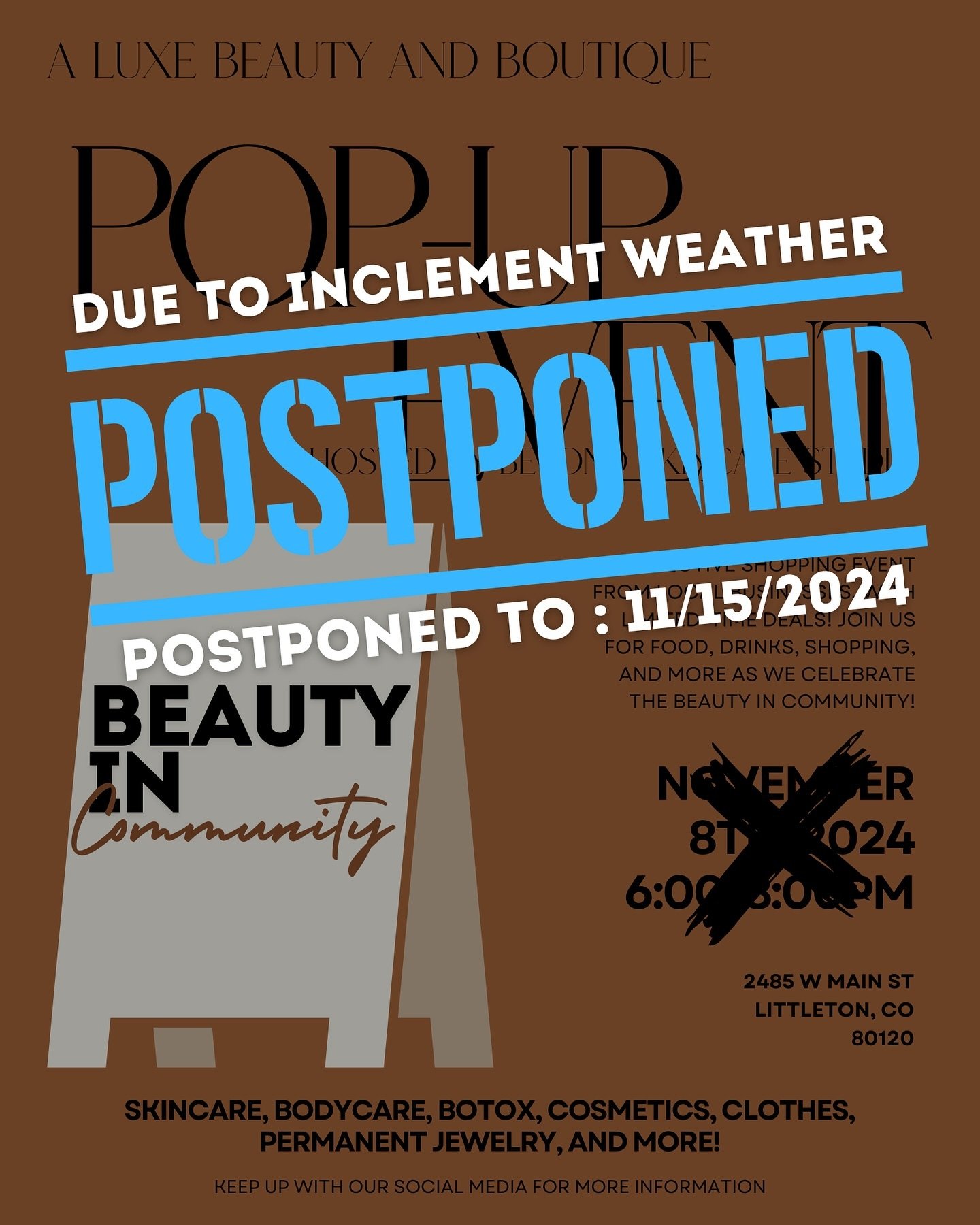 ❄️ Important Update ❄️ Due to the snowy weather, we&rsquo;re postponing Beauty in Community to keep everyone safe and warm! We&rsquo;re rescheduling to November 15th &ndash; same time, same place, just a week later. While we&rsquo;re bummed to wait a