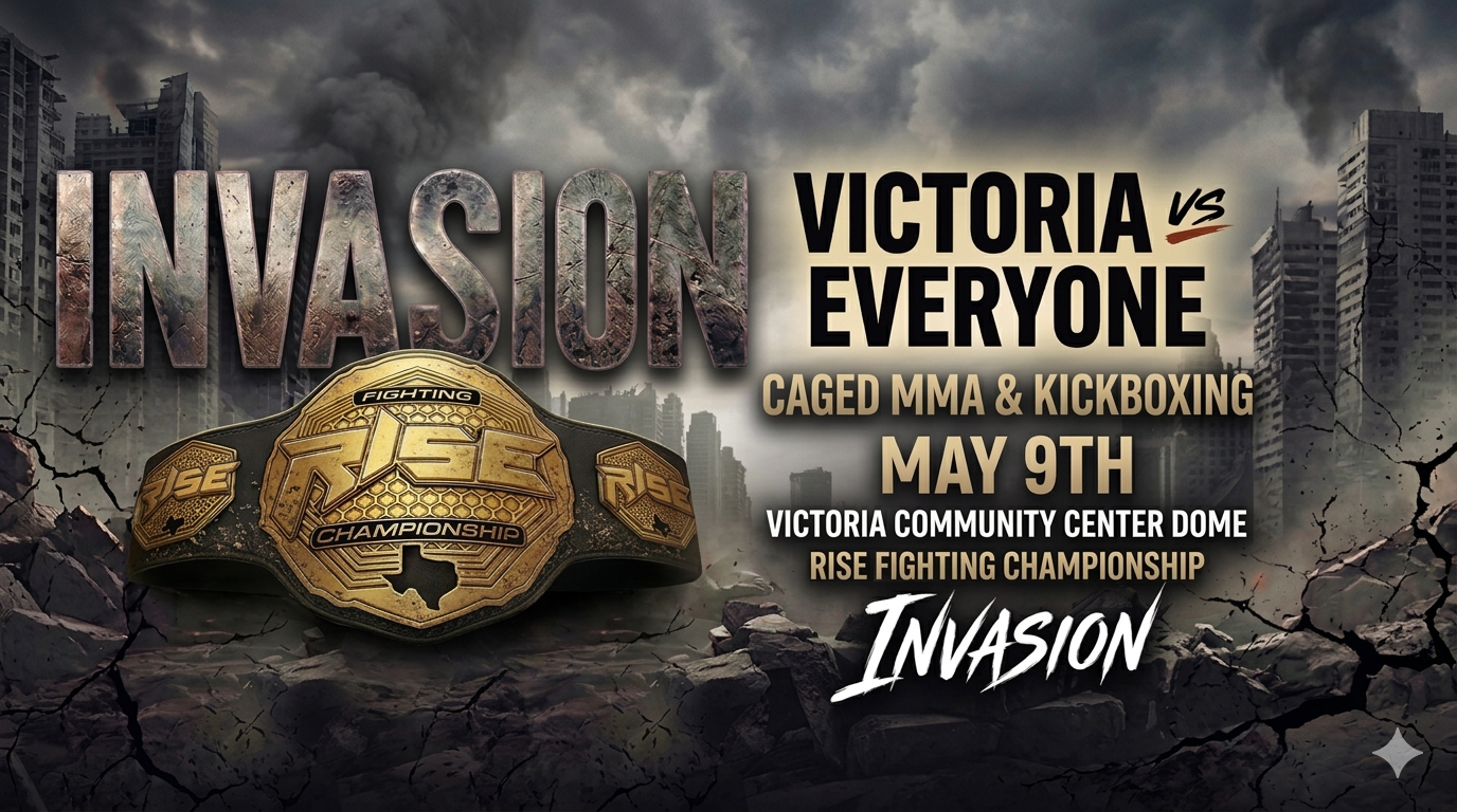 A promotional poster for a fighting event called Invasion, featuring a championship belt and details about the event, including date, location, and fighting styles, set against a backdrop of a cracked cityscape with dark clouds.