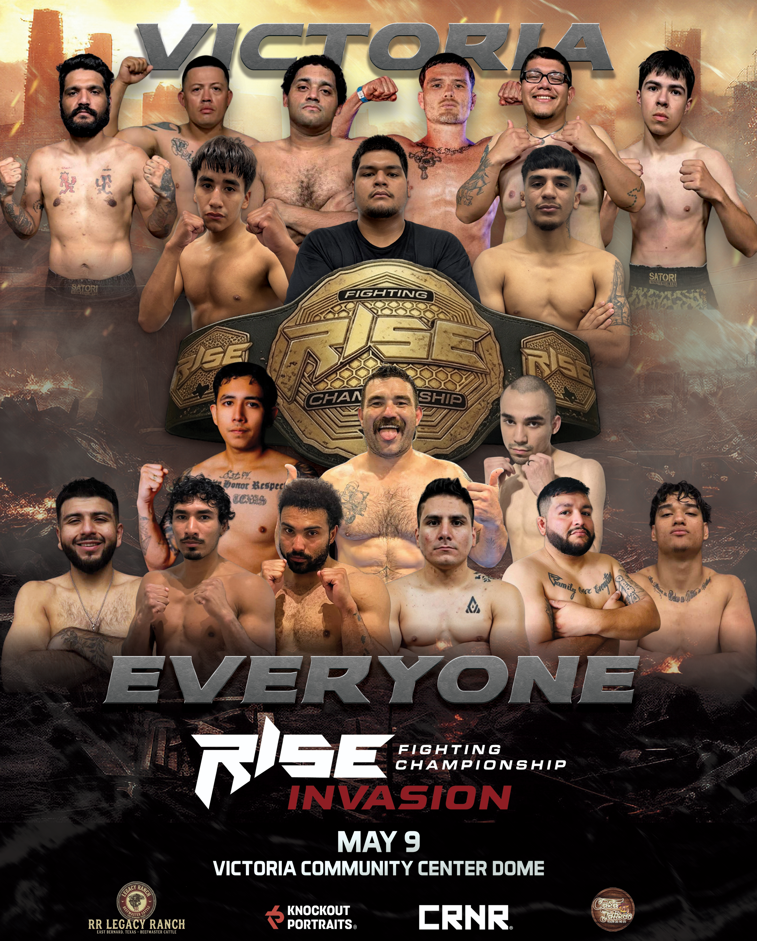 A poster for a fighting championship event called 'Rise Invasion' scheduled for May 9 at Victoria Community Center Dome. The poster features numerous shirtless male fighters with their fists raised, some showing tattoos and muscular builds. At the top, there is a large 'Victoria' with the word 'Everyone' at the bottom. The poster includes logos of sponsors such as RR Legacy Ranch, Knockout Portraits, CRNR, and Casa Talisco.