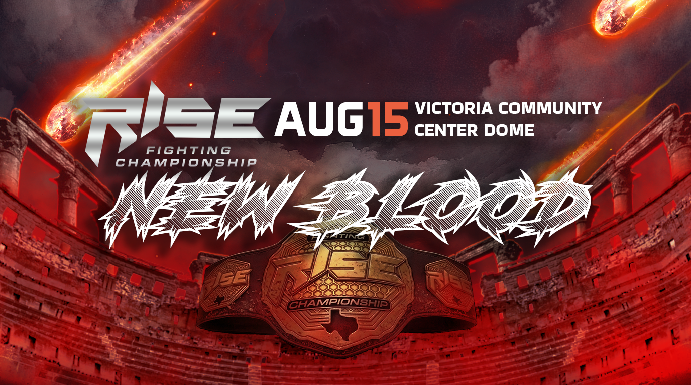 Promotional poster for a Kickboxing event called 'New Blood' on August 15 at Victoria Community Center Dome, featuring a background of a fiery sky, planets, and a stadium with a championship belt in the foreground.