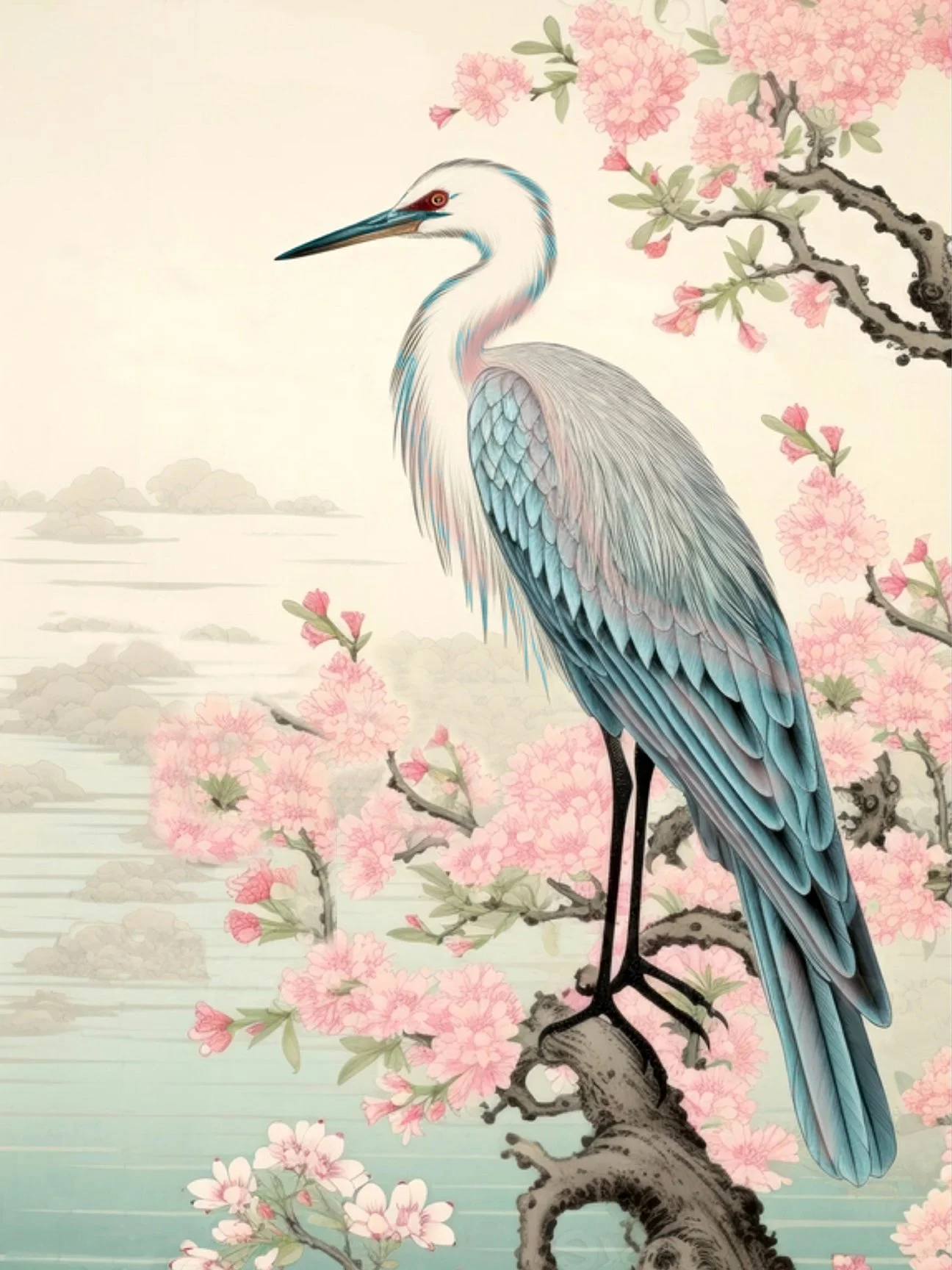Tranquil Heron & Cherry Blossom Giclée Print