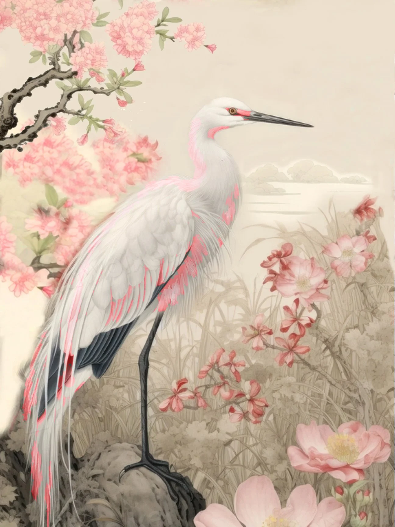 Cherry Blossom Crane Art Print