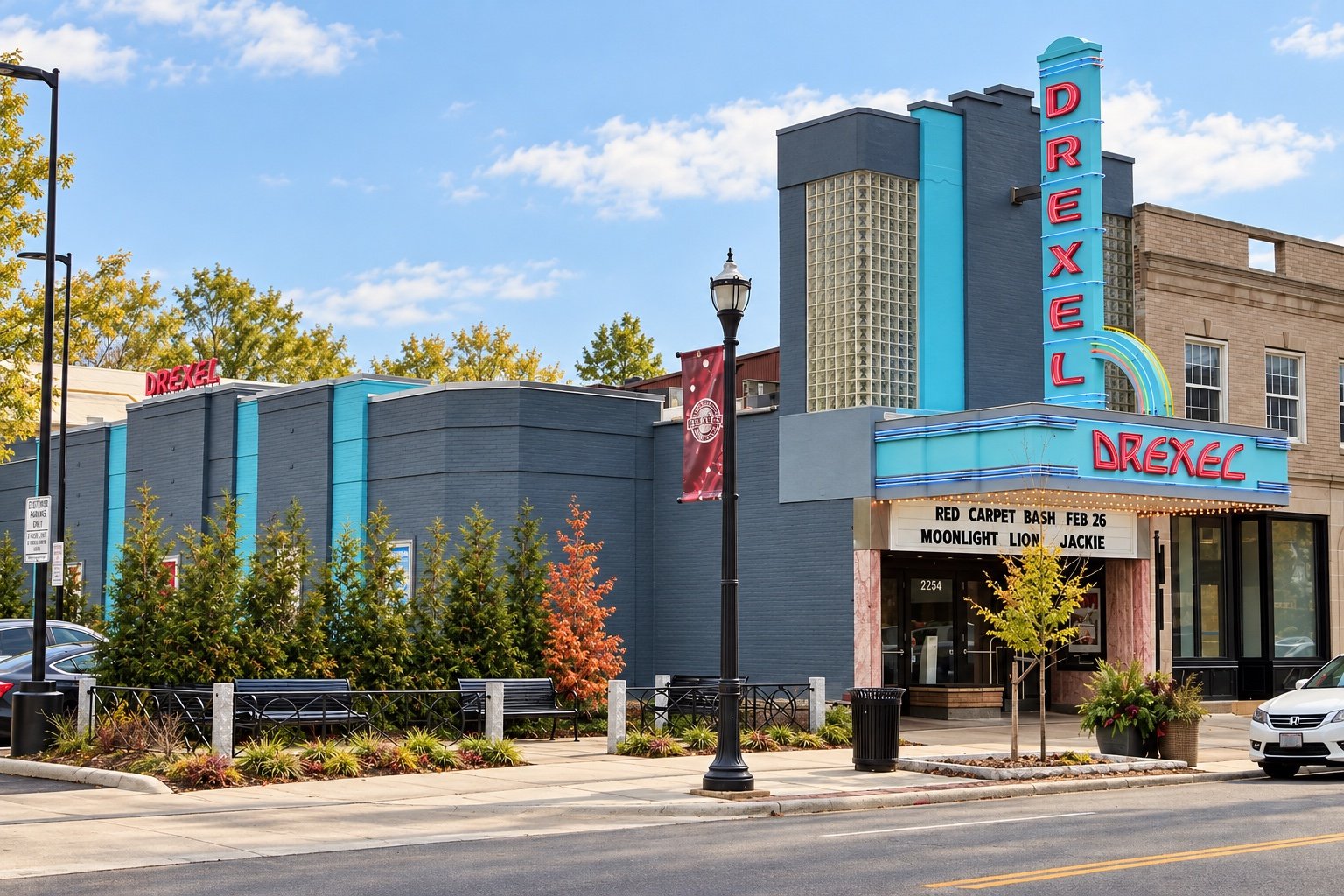 The Drexel Theatre’s turquoise Art Deco facade on Main Street in Bexley.