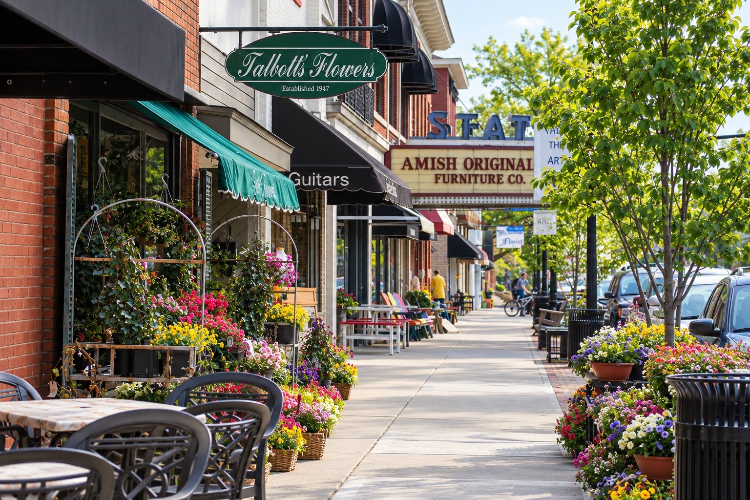 Flower shop awnings and storefronts along State Street in Uptown Westerville.