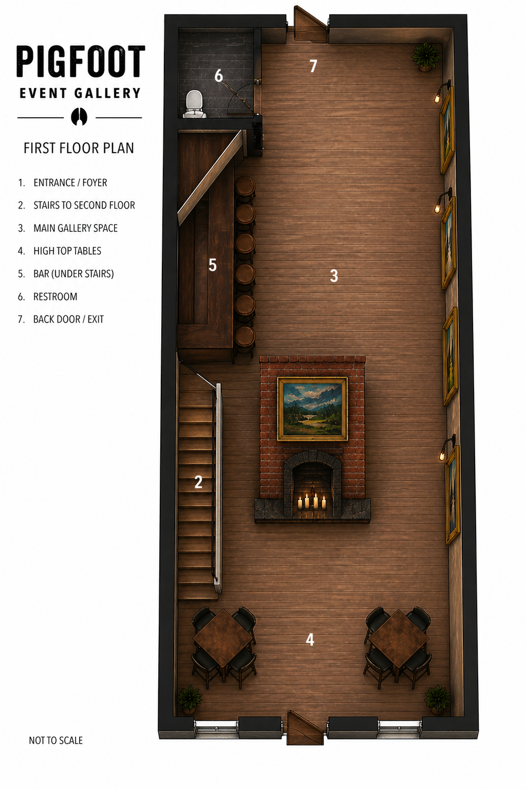 A detailed floor plan of the first floor of Pigfoot Event Gallery, including entrance, stairs, main gallery space, high top tables, bar, restroom, and back door exit, with a fireplace, artwork, seating, and decorative plants.