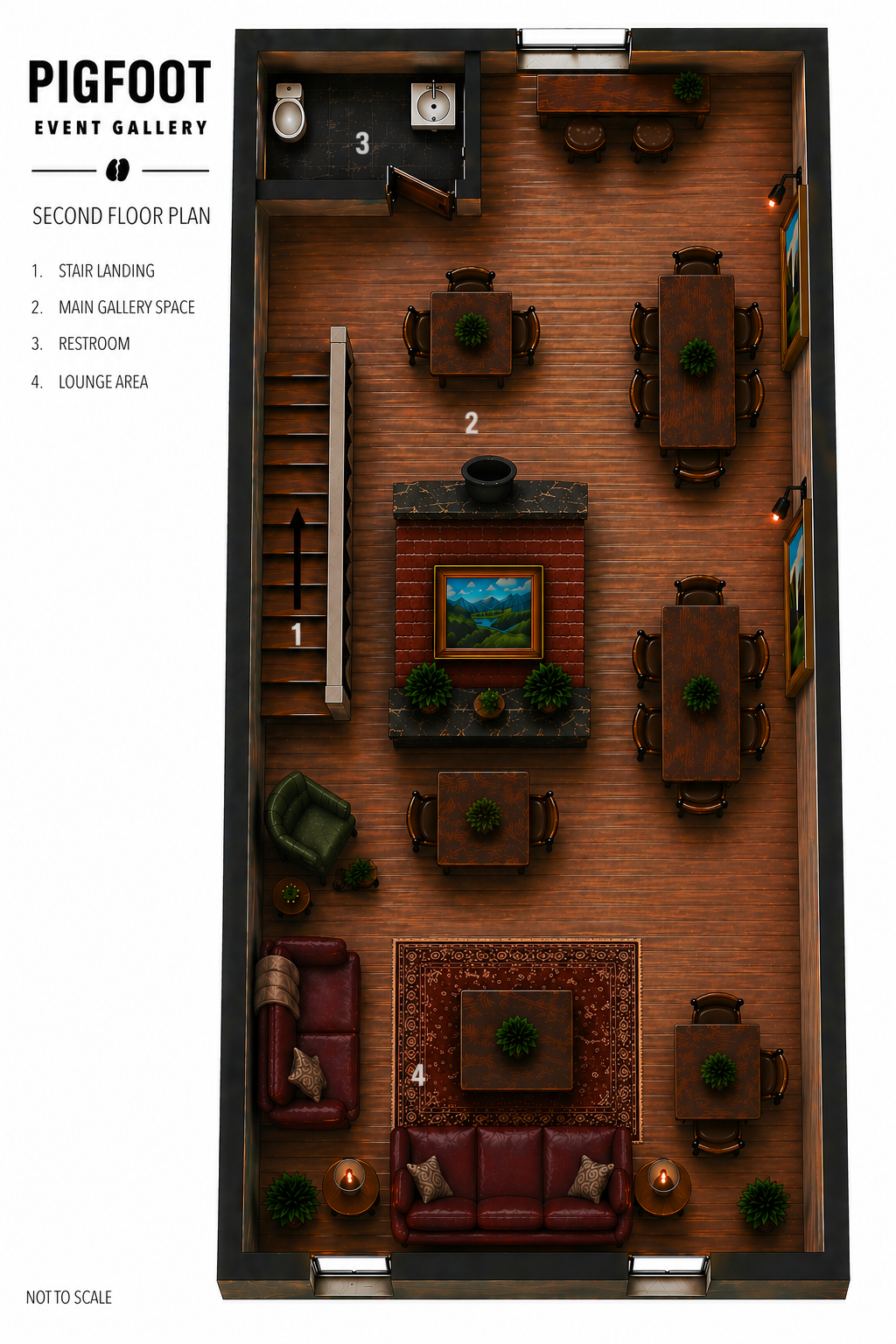 Second floor plan of Pigfoot Event Gallery showing stair landing, main gallery space with tables and chairs, restrooms, and lounge area with sofas and chairs.