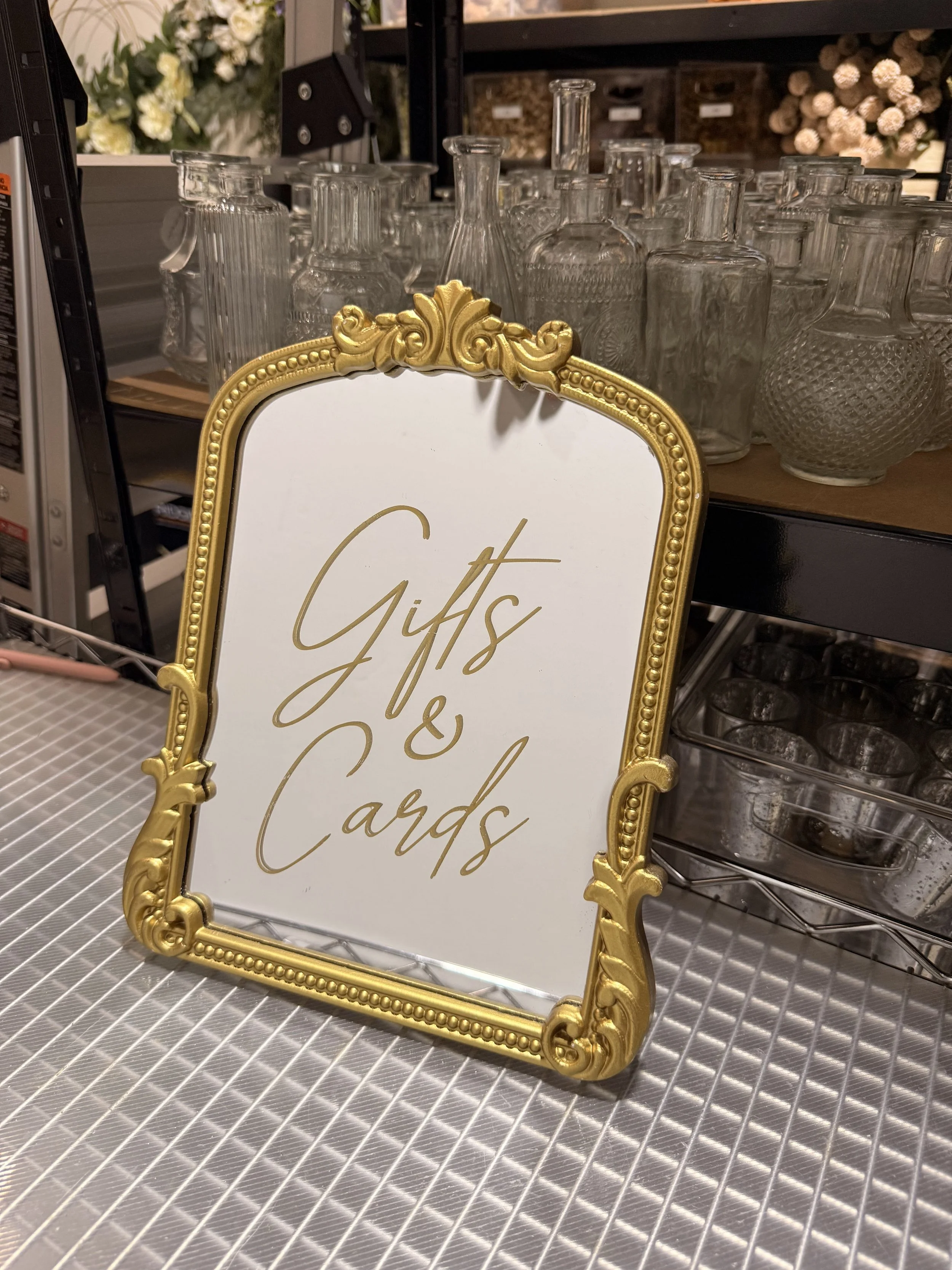 Gifts and Cards sign - gold frame