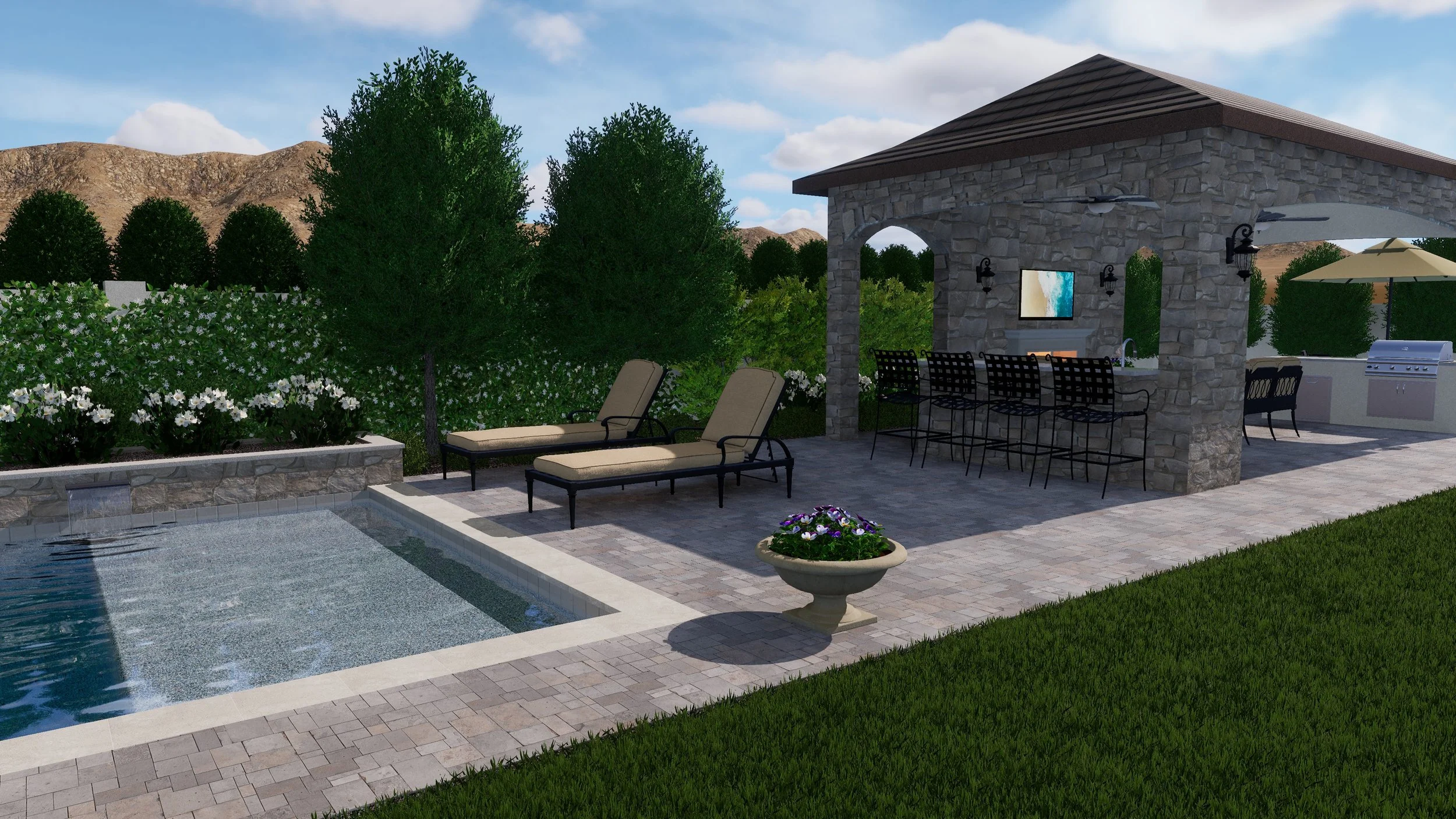 Modern Mediterranean Pool, Courtyard, Cabana, Fireplace - Toll Brothers