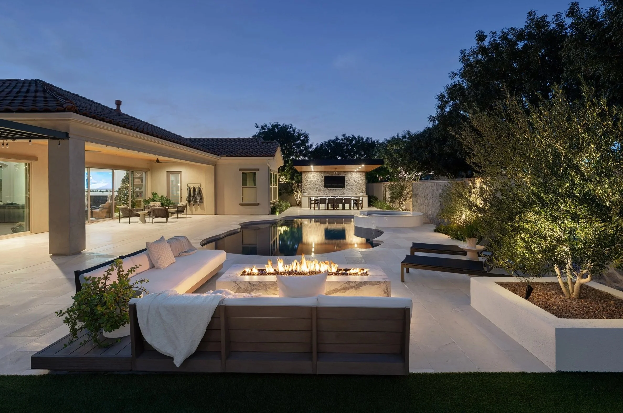 Modern Mediterranean Resort Backyard in Arizona: Pool, Fire Lounge & Outdoor Pavilion