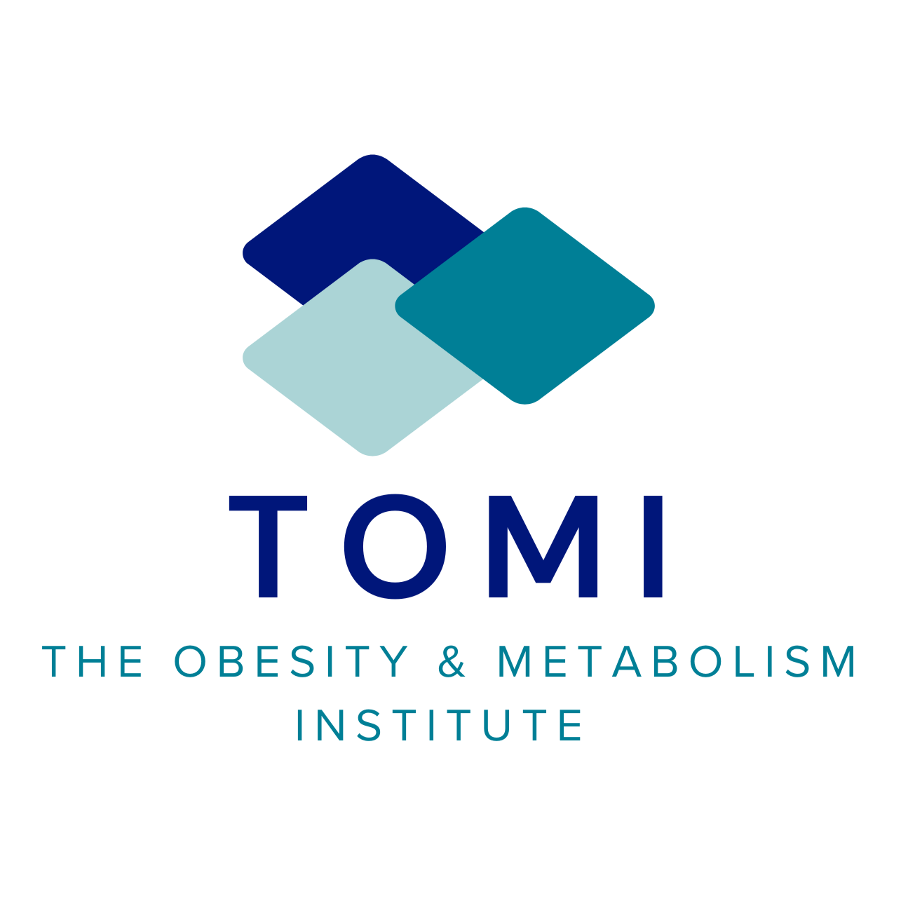 Logo for T.O.M.I. The Obesity & Metabolism Institute featuring four overlapping diamond shapes in different shades of blue above the institute's name.